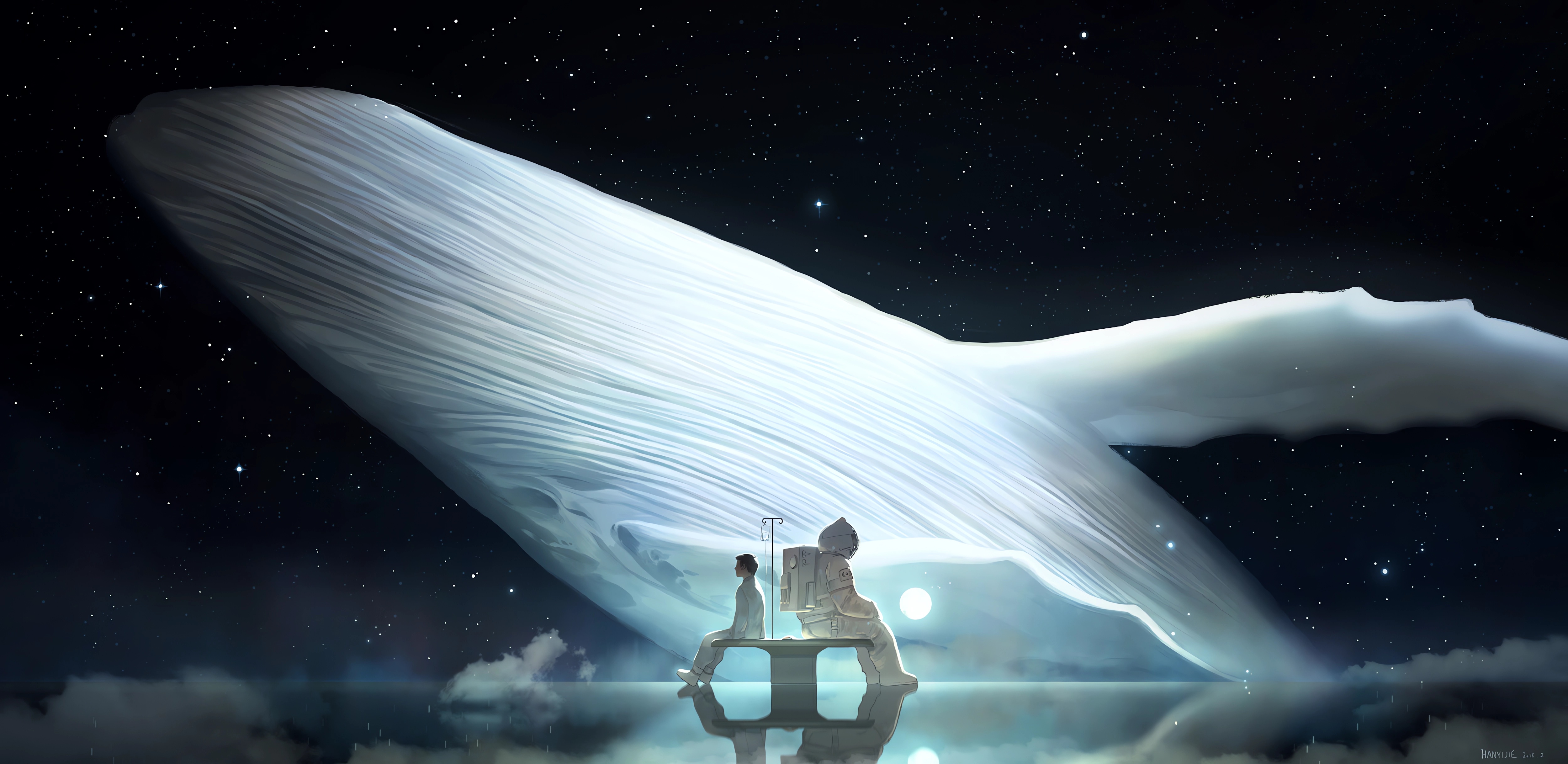 Anime Whale Digital Art Spacesuit Sick Boy Night Sky Stars Astronaut Sky Space Reflection Sitting An 5000x2436