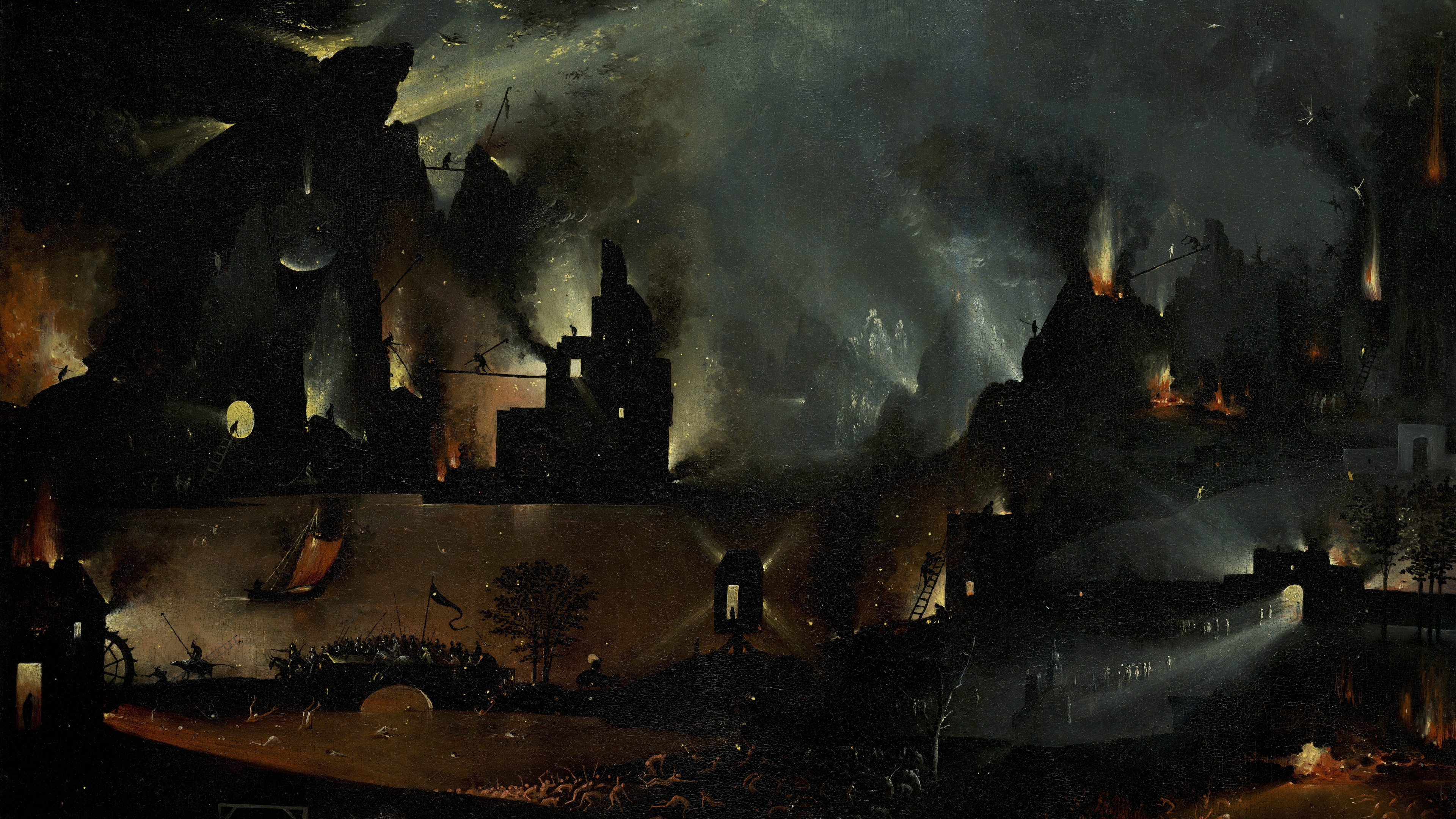 Hieronymus Bosch Renaissance Pandemonium Hell Painting Inferno War Night Classic Art Artwork 3840x2160