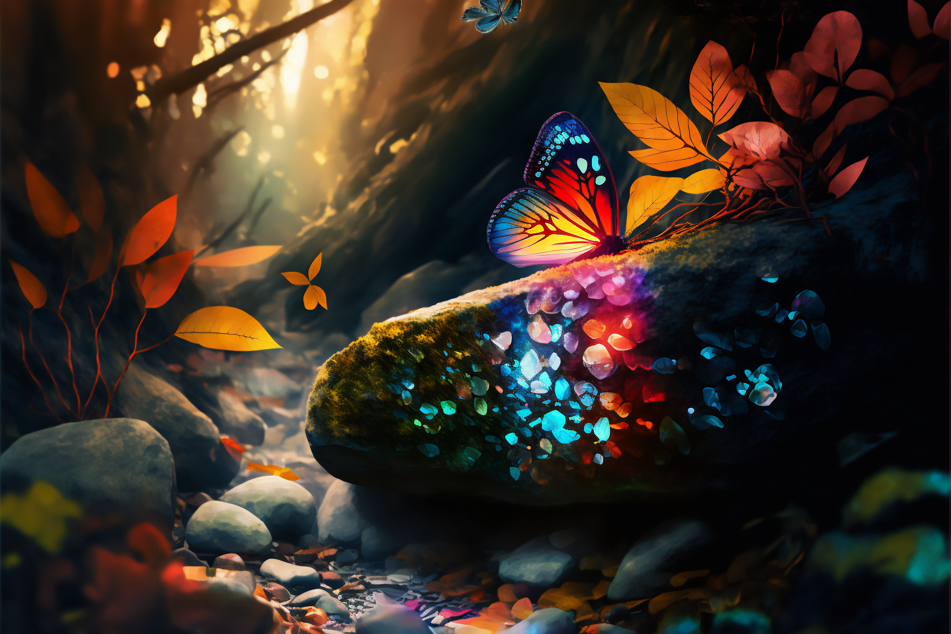 Ai Art Illustration Butterfly Fall Nature Rocks Colorful 3072x2048