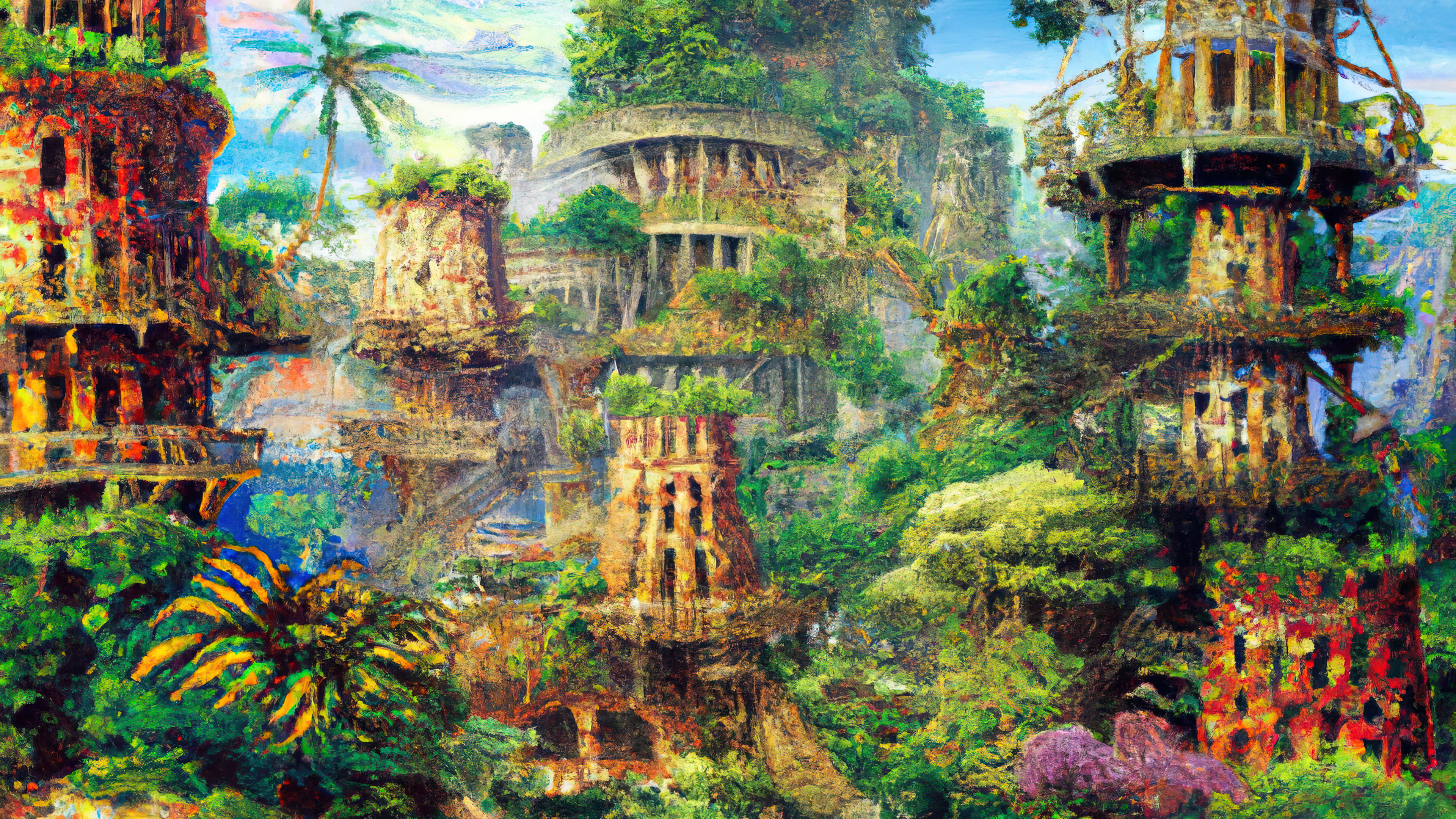 Ai Art Ai Painting Painting Fantasy Art Hanging Gardens Of Babylon Ancient City Tropical Garden 3840x2160