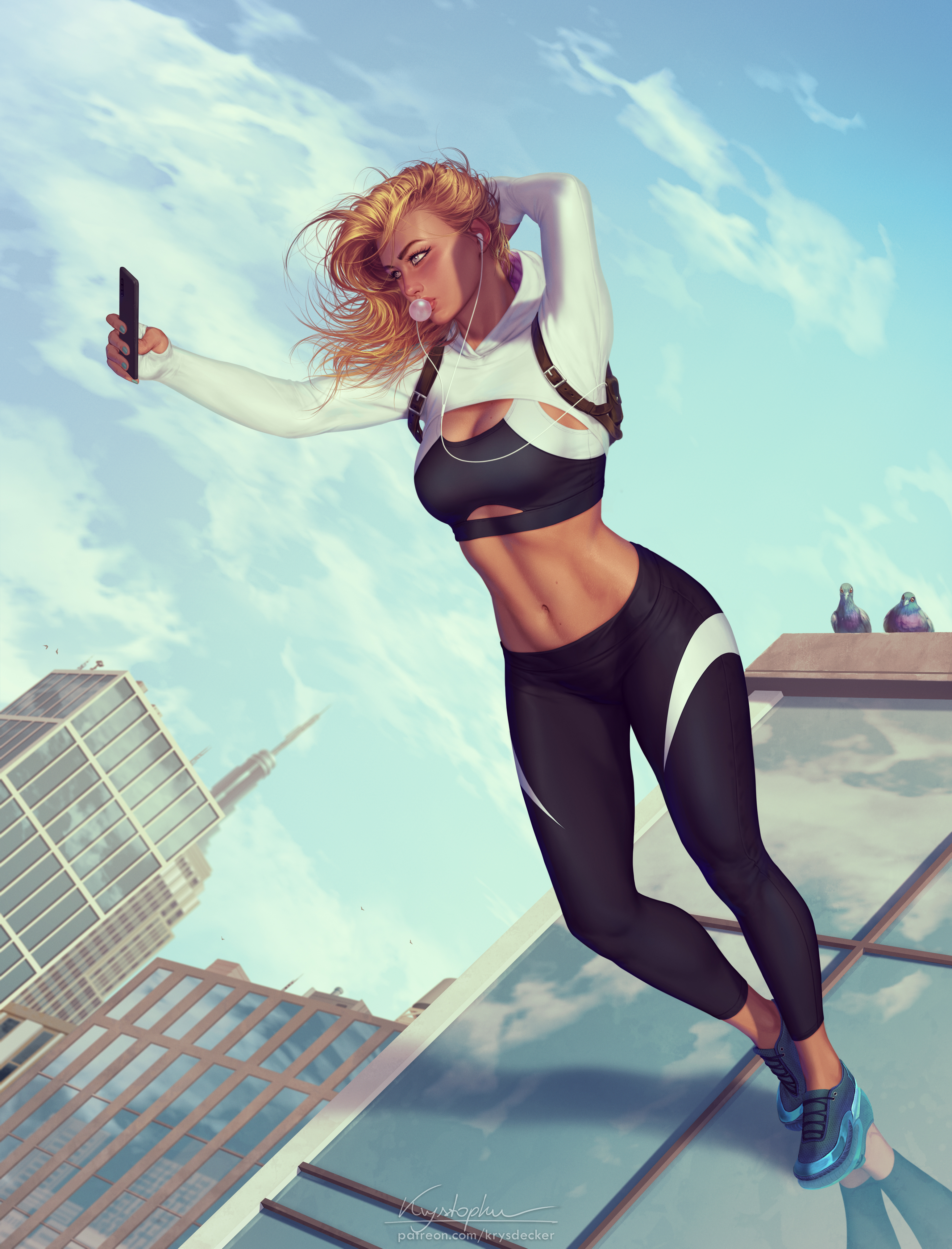 Gwen Stacy Marvel Comics Blonde Building Sky Sportswear Black Top Bubblegum Selfies 2D Artwork Drawi 3085x4047