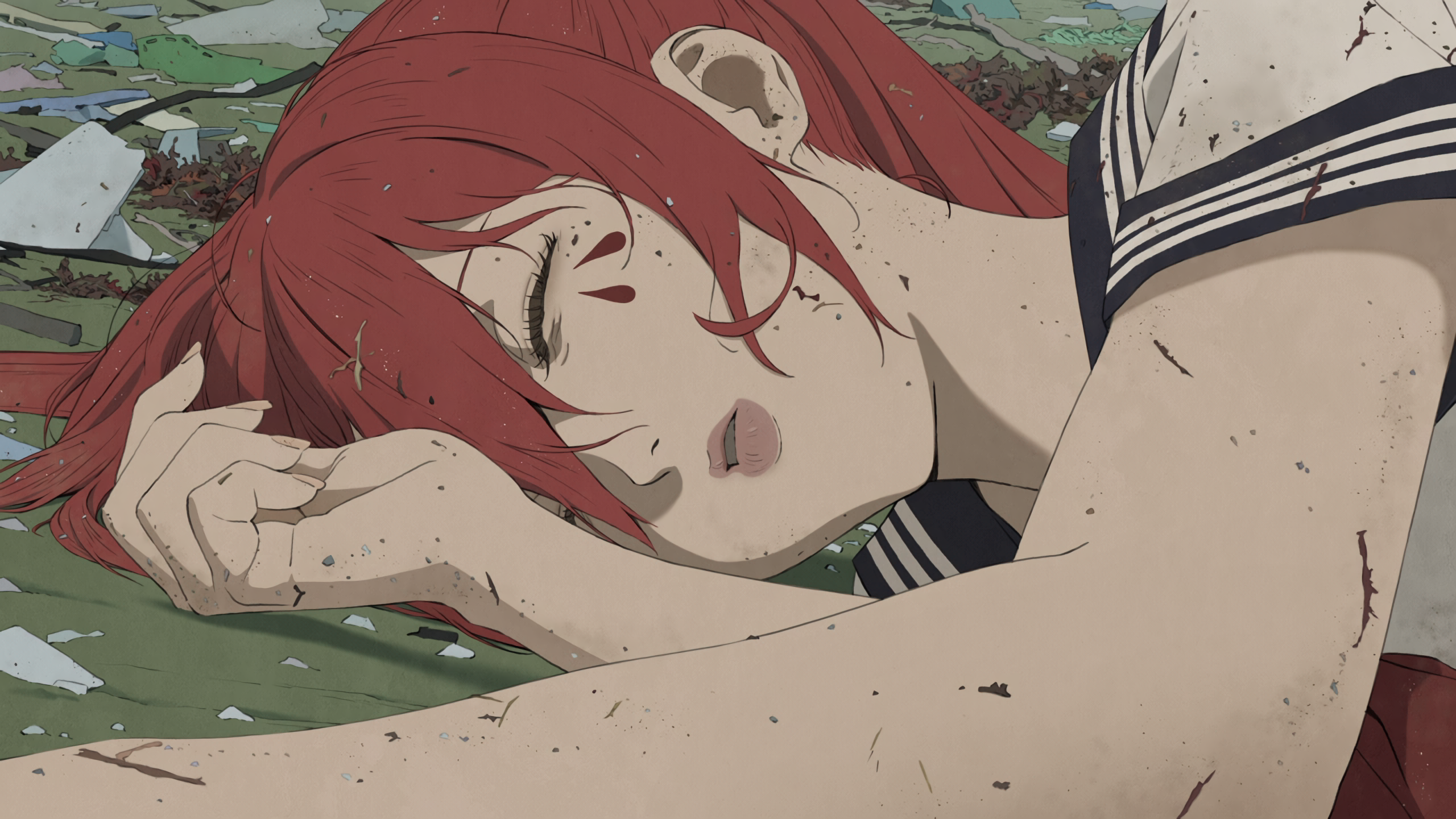 Mahou Shoujo Magical Destroyers Anime Girls Beach Lying On Side Closed Eyes Schoolgirl School Unifor 2560x1440