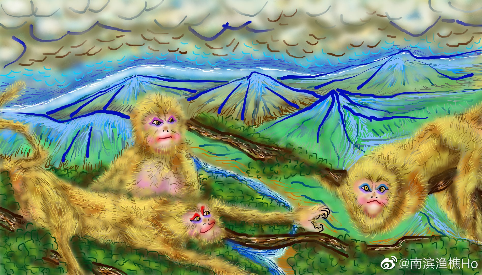 Monkey Traditional Art Classic Art Landscape Forest Mountain View Digital Painting Painting Artwork 1894x1080