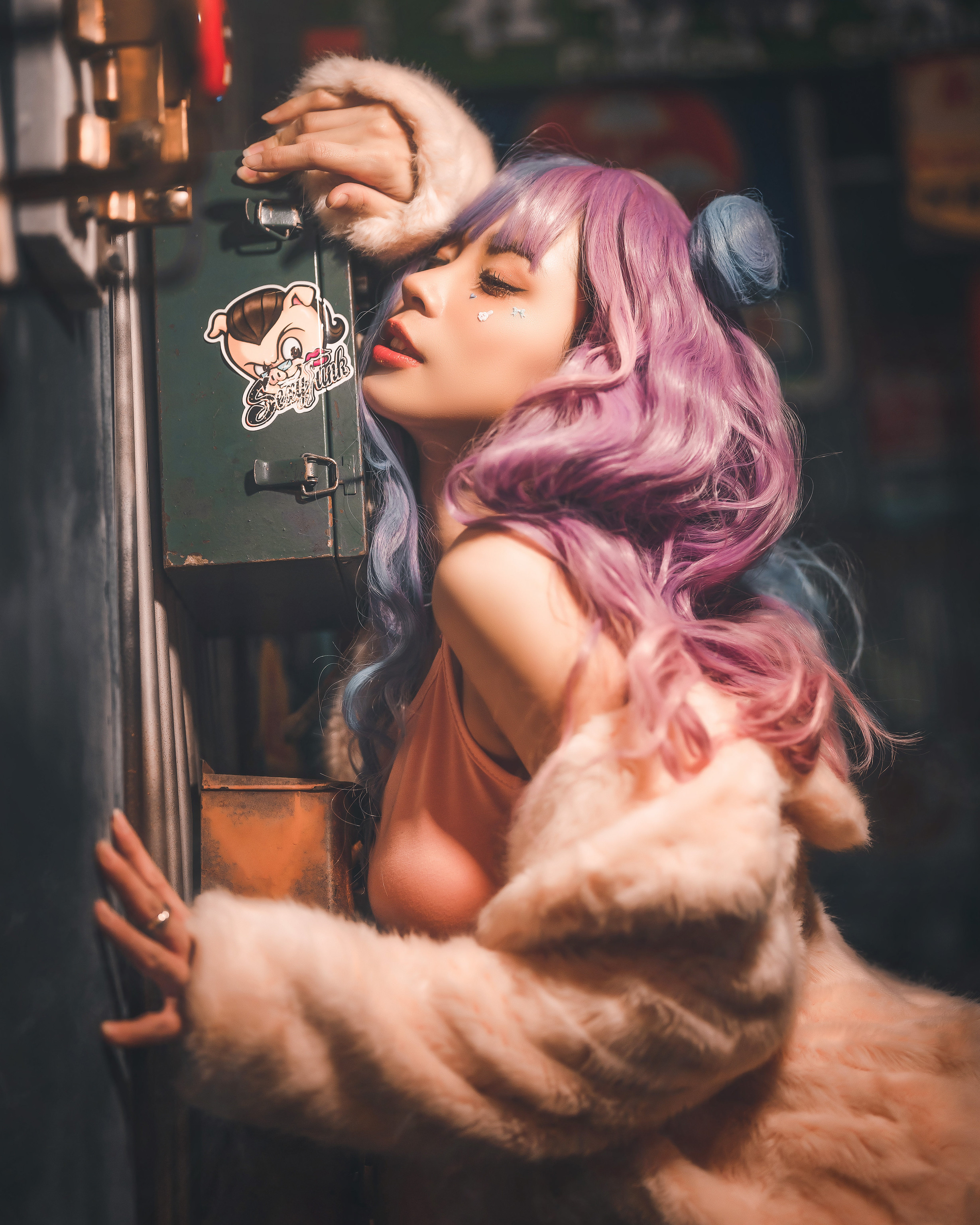 Sexy Funk Pig Women Asian Long Hair Makeup Indoors Glowing Purple Hair Fur Closed Eyes 2458x3072