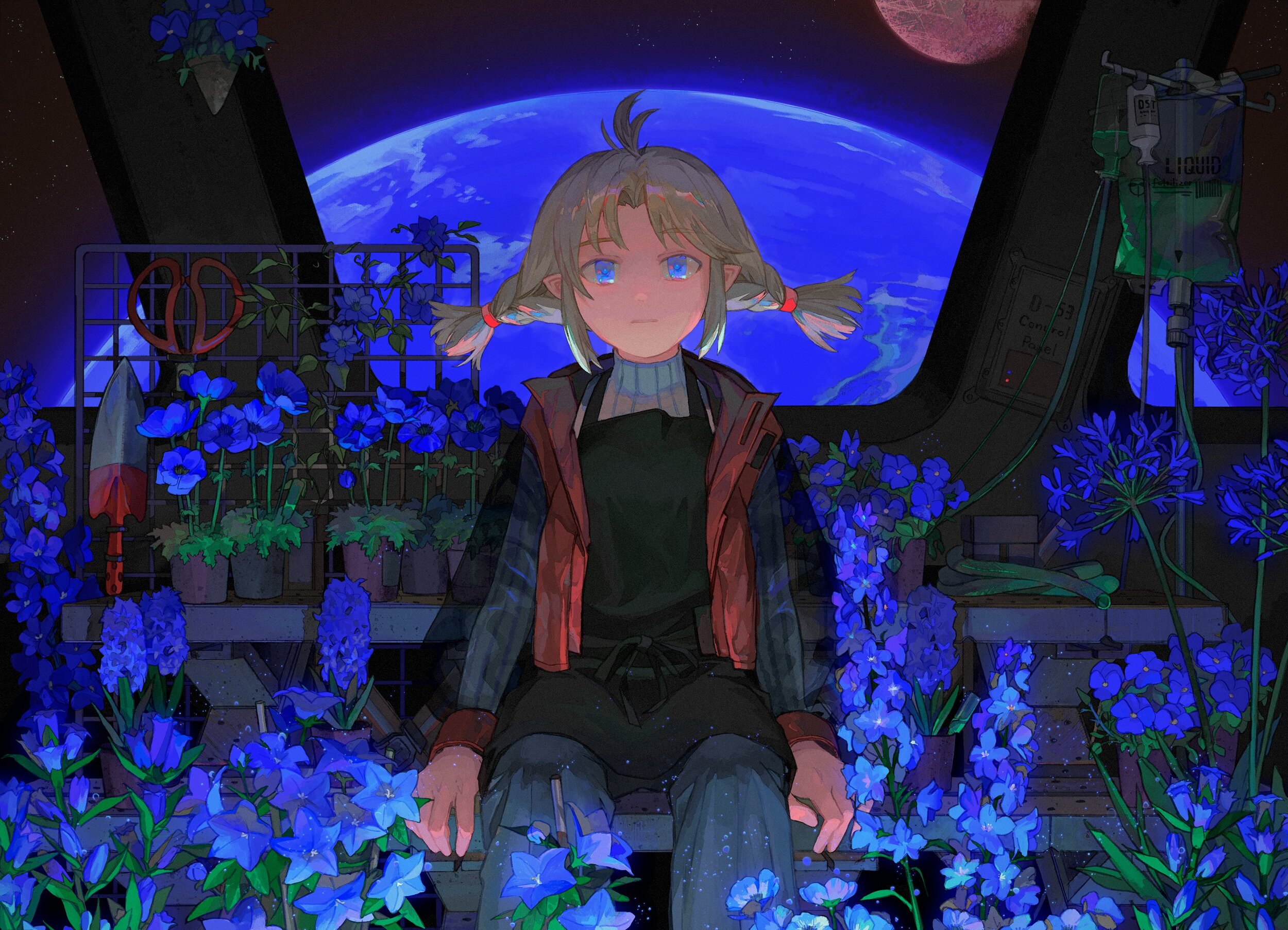 Fuwan Manga Pointy Ears Space Flowers Planet Digital Art Artwork Looking At Viewer Sitting Anime Gir 2500x1806