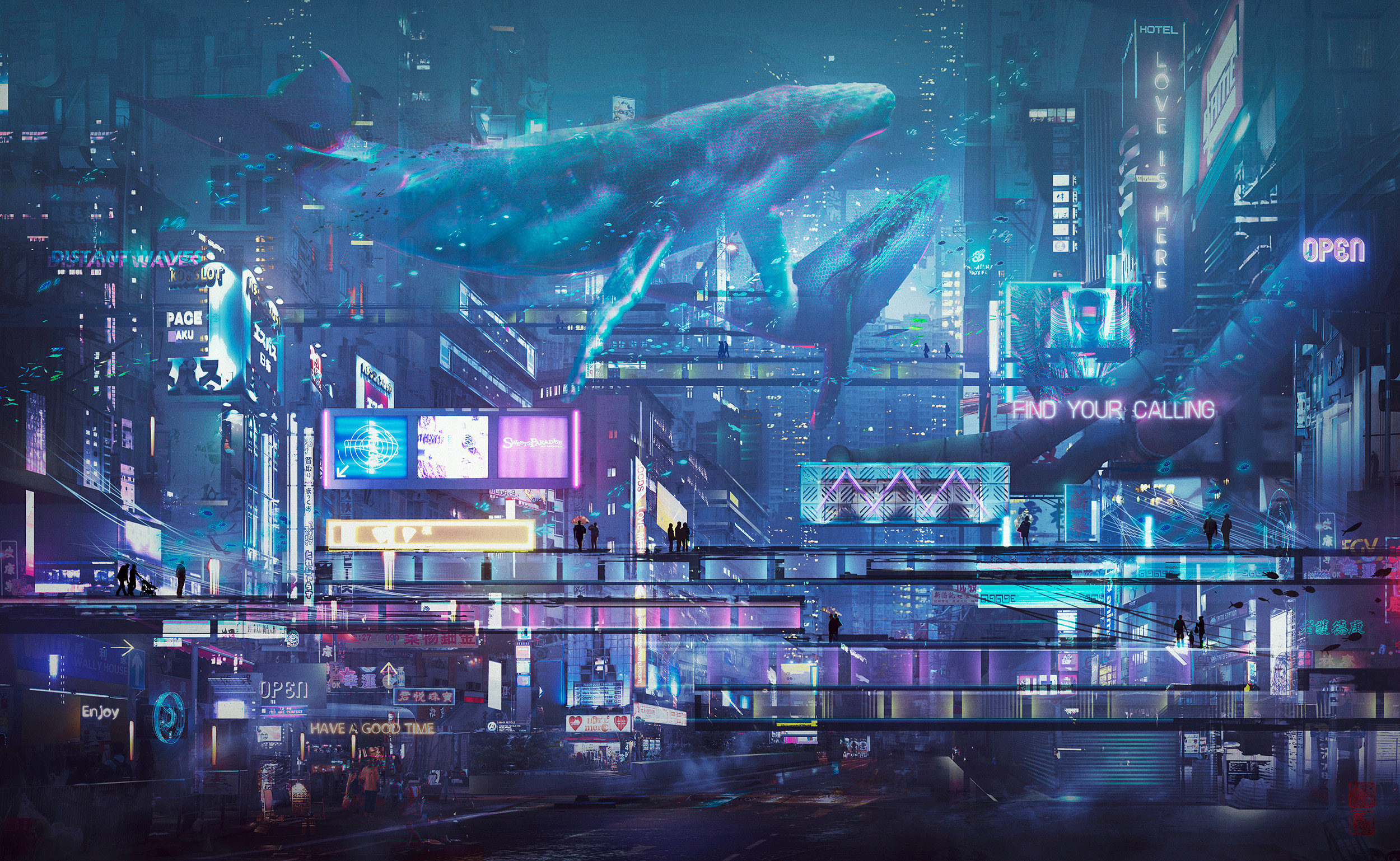 Donglu Yu Artwork Cyberpunk Futuristic Futuristic City Architecture Hologram Whale Footbridge Neon S 2500x1538