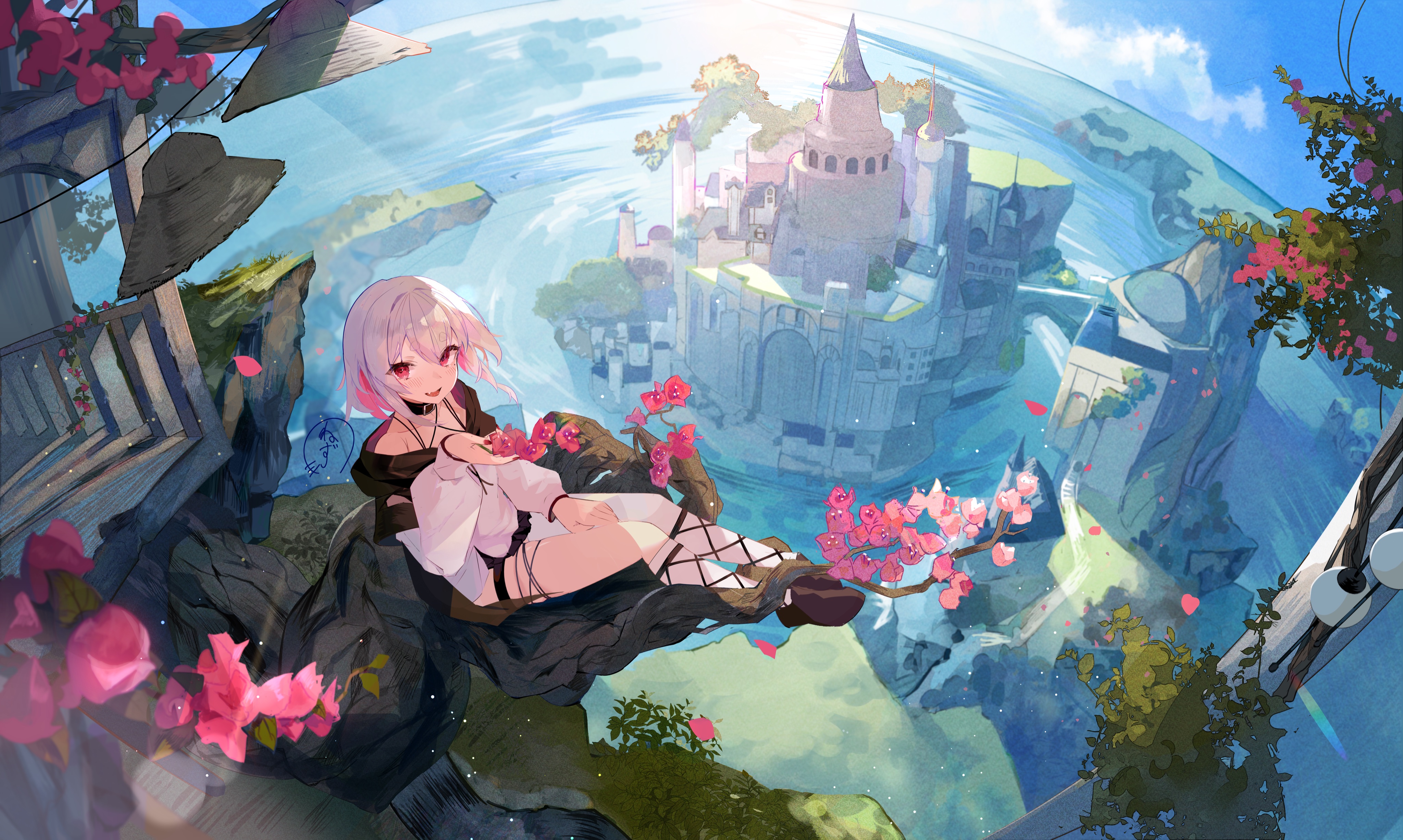 Anime Girls Fantasy Architecture Looking At Viewer Flowers Water Clouds Castle Sitting Petals Hat 4096x2454