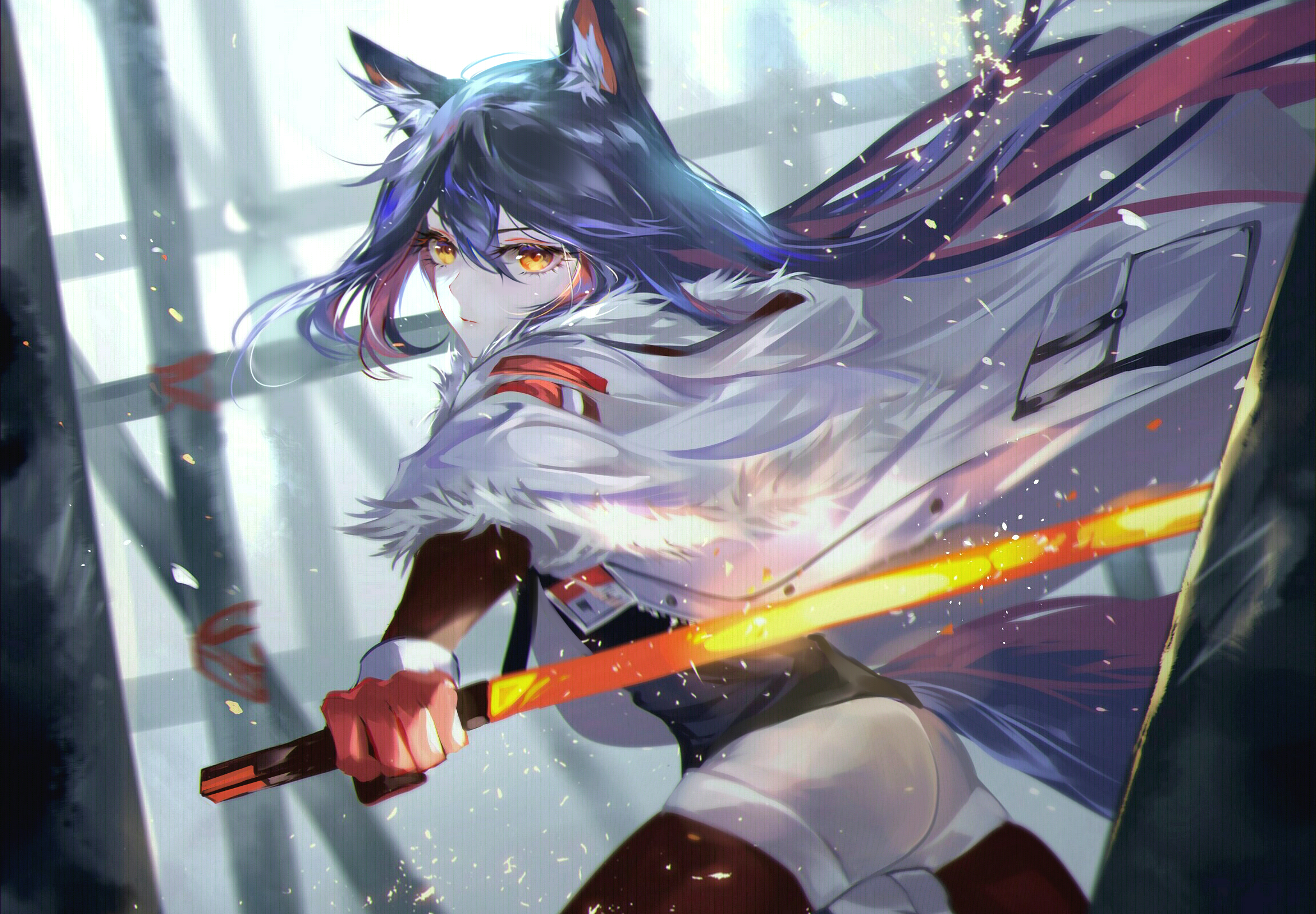 Anime Girls Arknights Texas Arknights Wolf Girls Wolf Ears Wolf Tail Sword Yellow Eyes 2300x1597