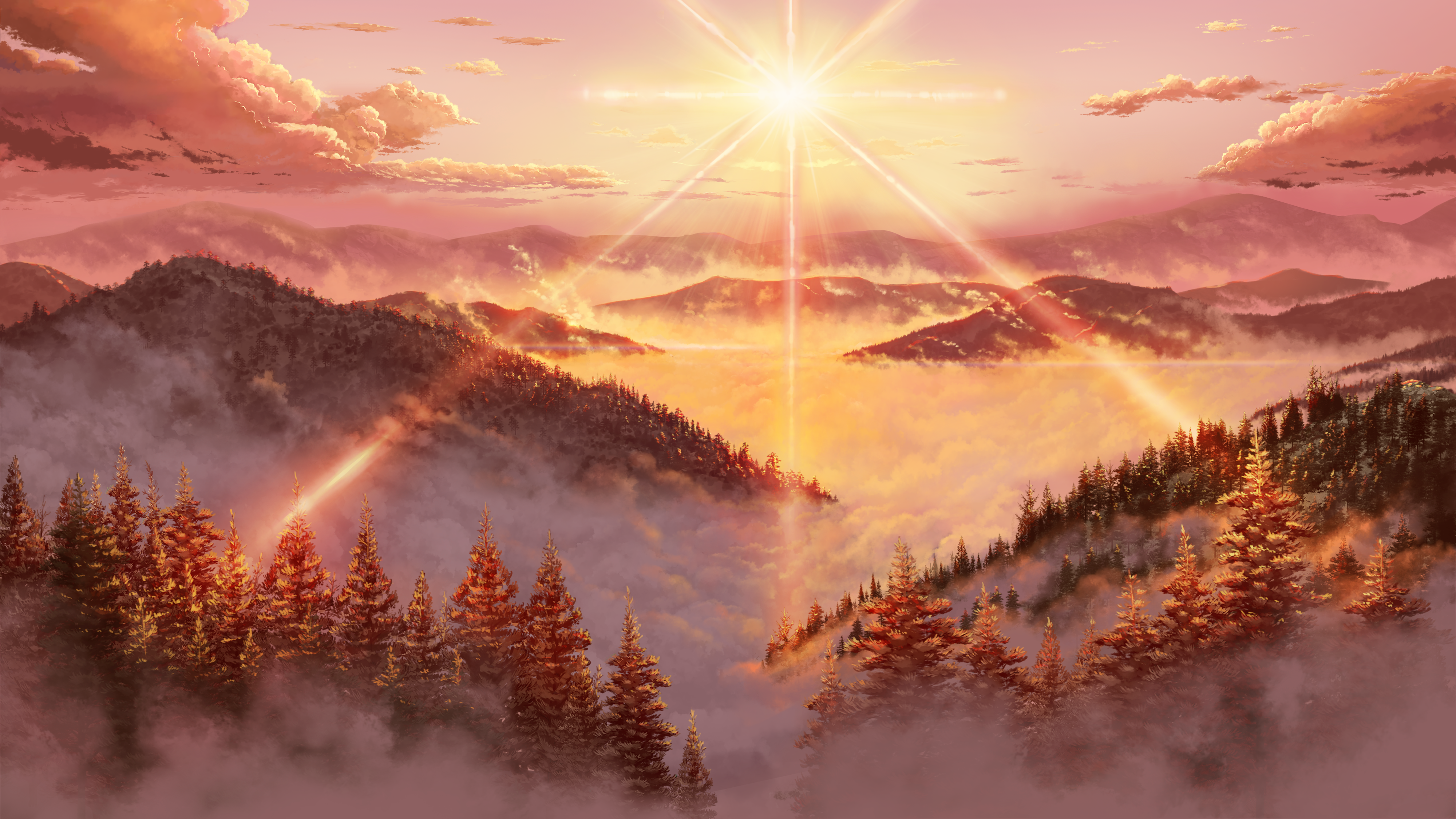 Digital Art Artwork Illustration Landscape Mountains Forest Trees Sun Sky Clouds Sun Rays Nature Sun 4000x2250