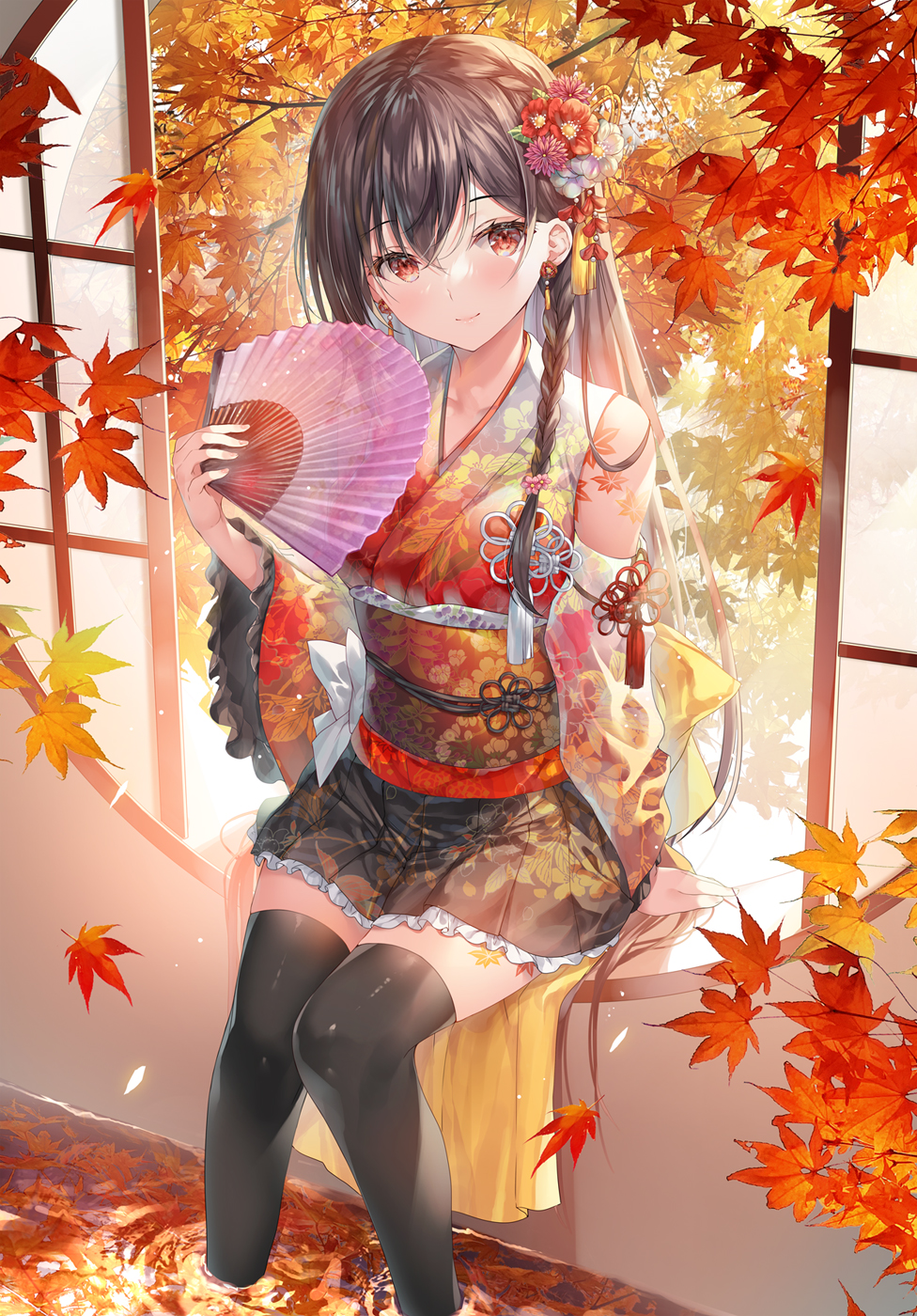 Anime Anime Girls Portrait Display Fans Chinese Dress Leaves Looking At Viewer Smiling Flower In Hai 976x1400