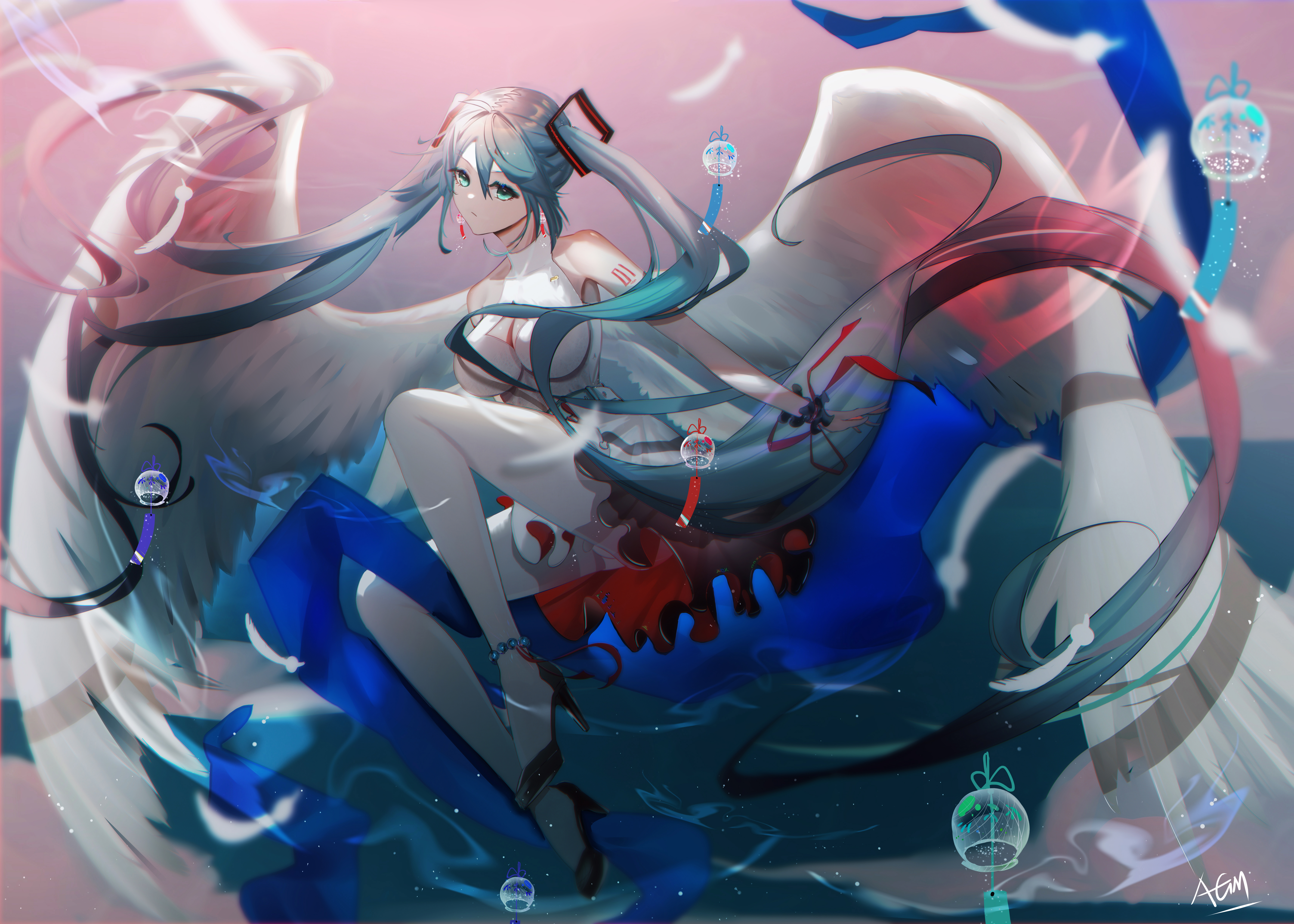 Anime Anime Girls Hatsune Miku Vocaloid Long Hair Twintails Blue Hair Blue Eyes Looking At Viewer Wi 7000x5000