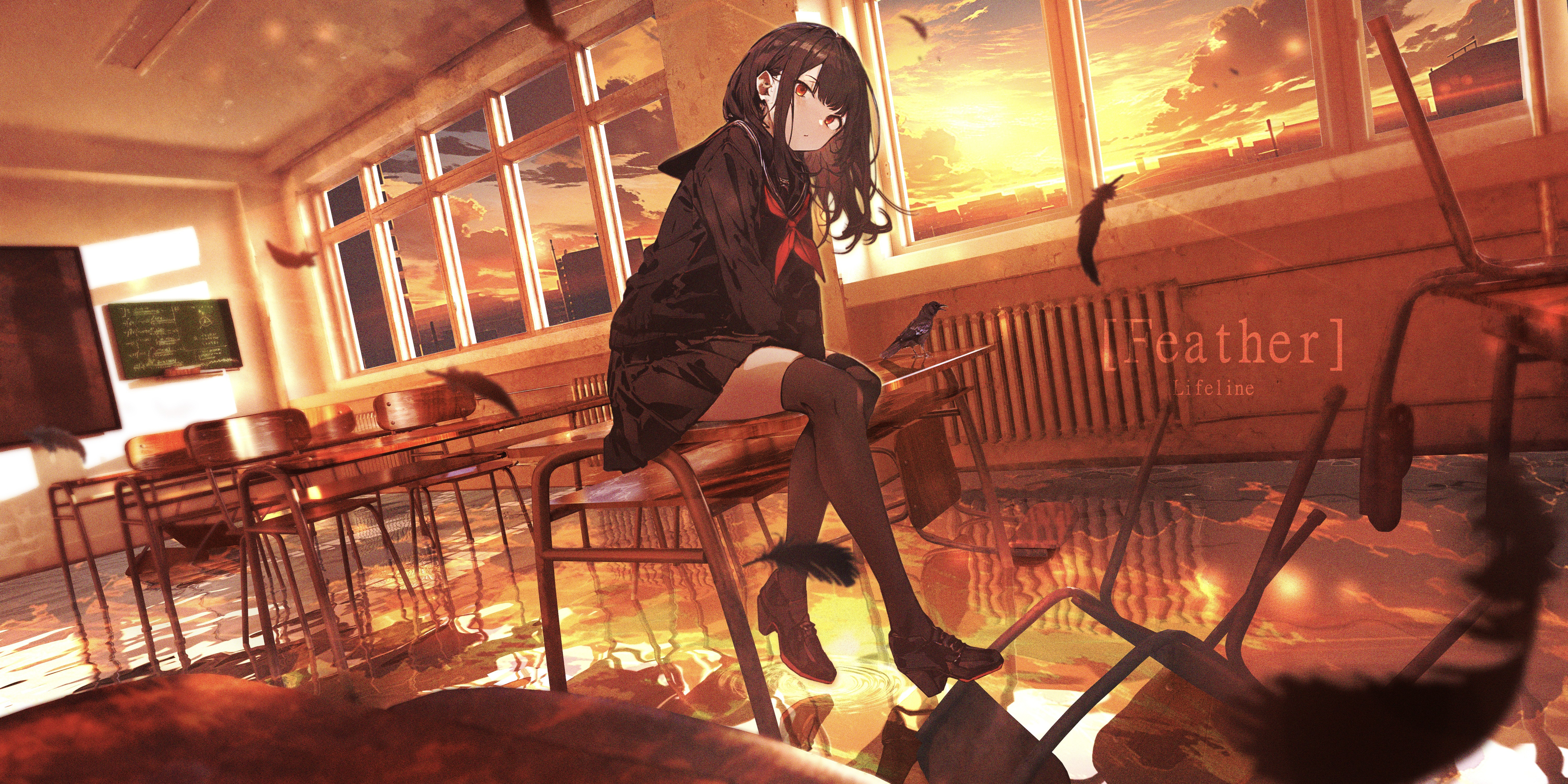 Anime Anime Girls Sunset Sunset Glow Schoolgirl School Uniform Classroom Desk Chair Long Hair Feathe 5992x3000