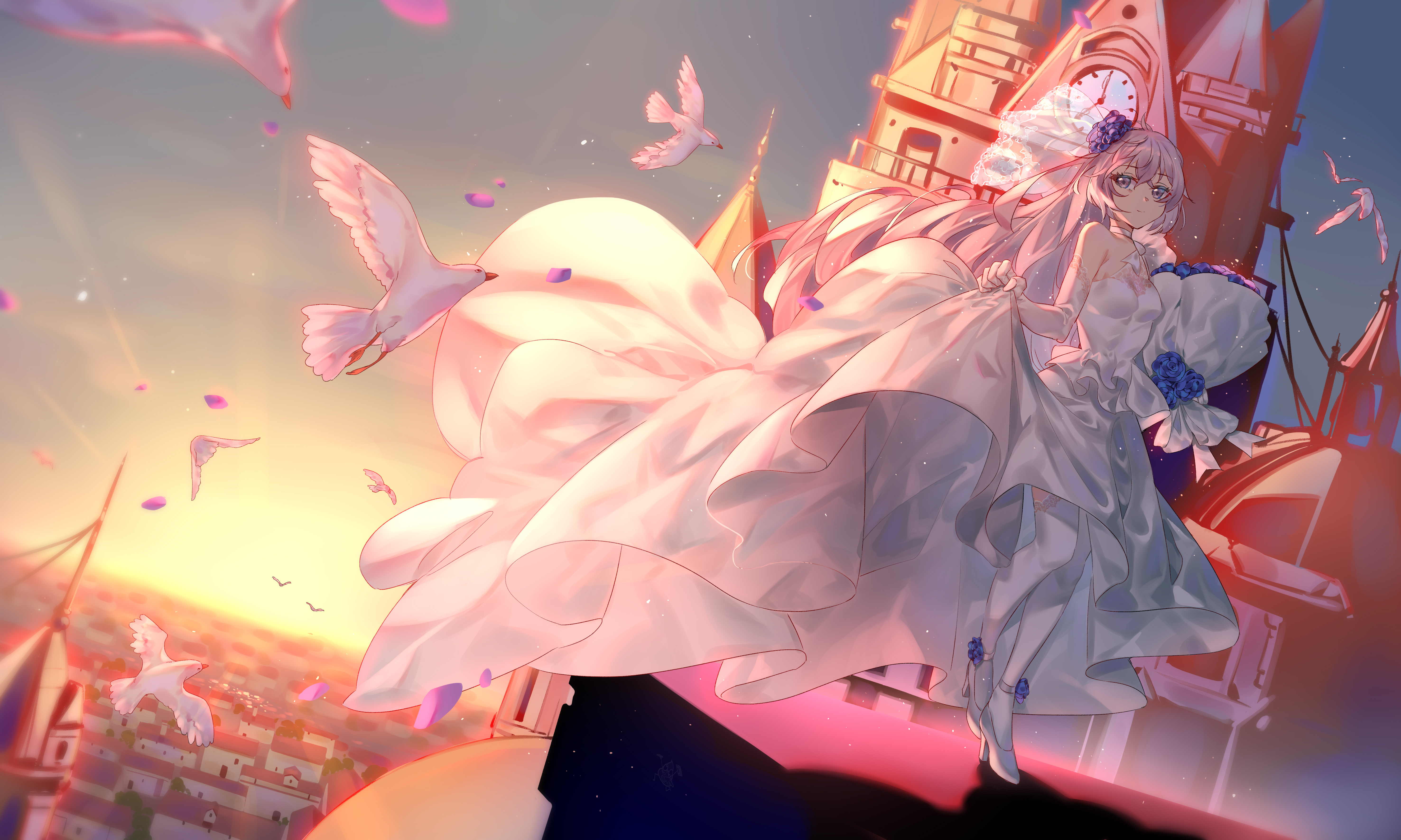 Anime Anime Girls Dress Long Hair Birds Animals Sunset Sunset Glow Looking At Viewer Elbow Gloves Cl 5906x3543