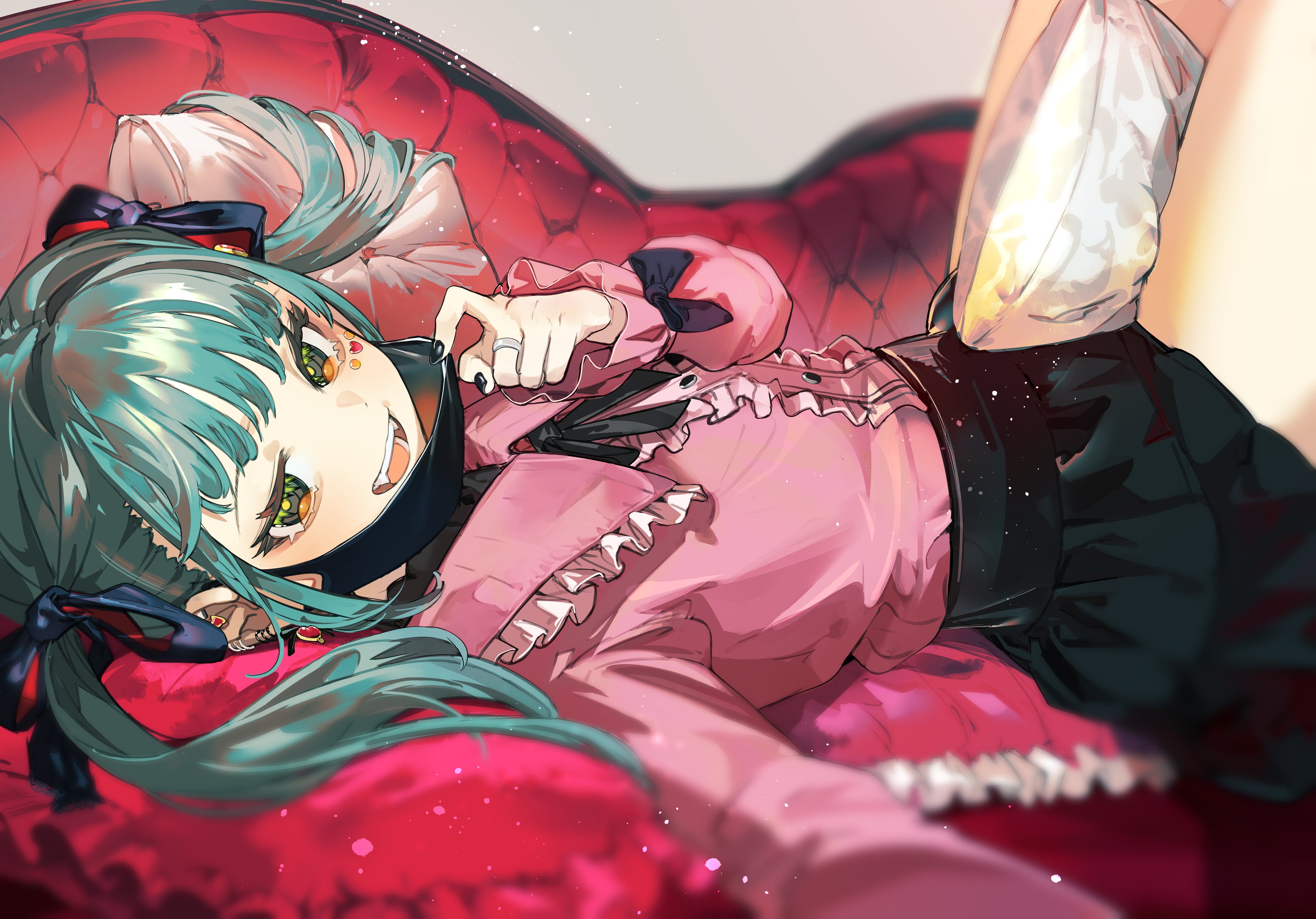 Anime Girls Vampires Lying Down Twintails Long Hair Mask Looking At Viewer Couch Earring Pillow Ring 3553x2480