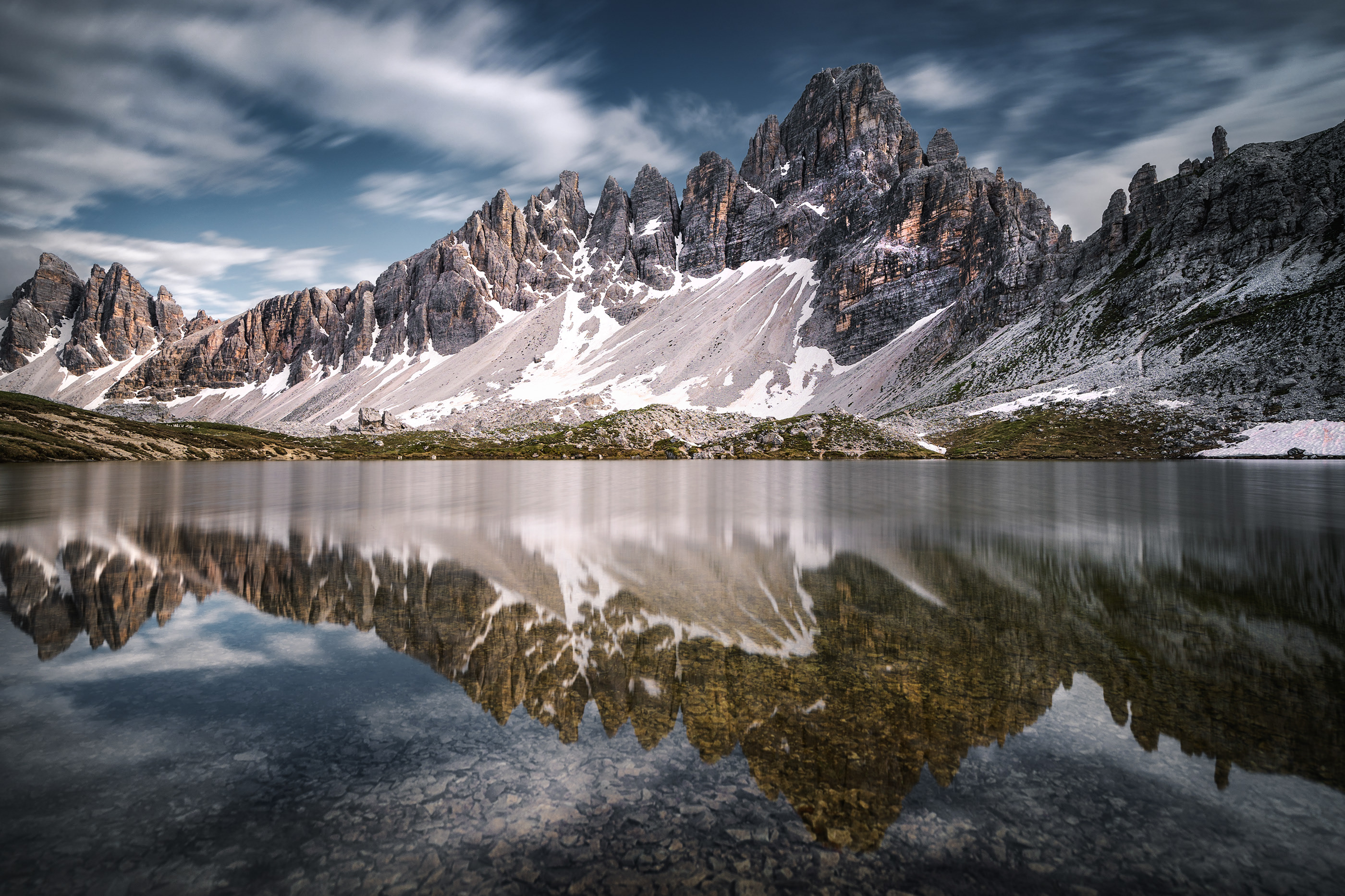 Photography Landscape Nature Mountains Clouds Italy Dolomites Reflection Snow Water 2800x1867