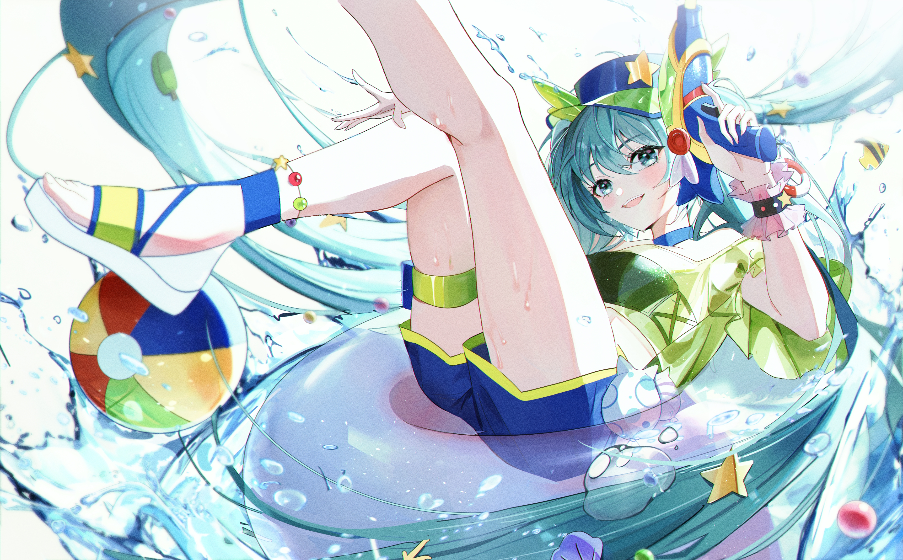 Anime Anime Girls Vocaloid Hatsune Miku Blue Hair Blue Eyes Twintails Beach Ball Floater Water Water 3780x2345