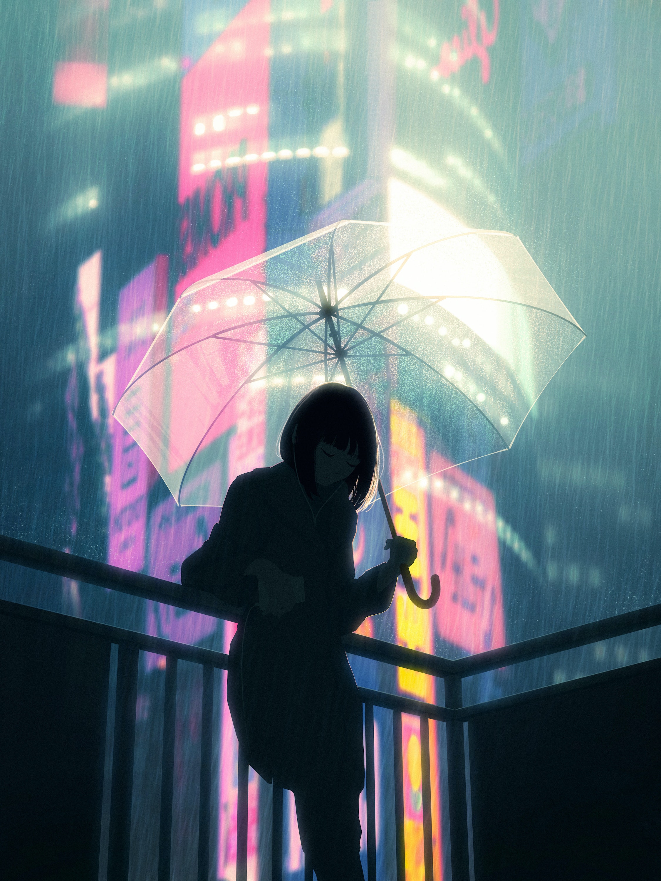 Bysau Digital Art Artwork Illustration Rain Umbrella Women City Lights City Night Vertical Silhouett 2250x3000