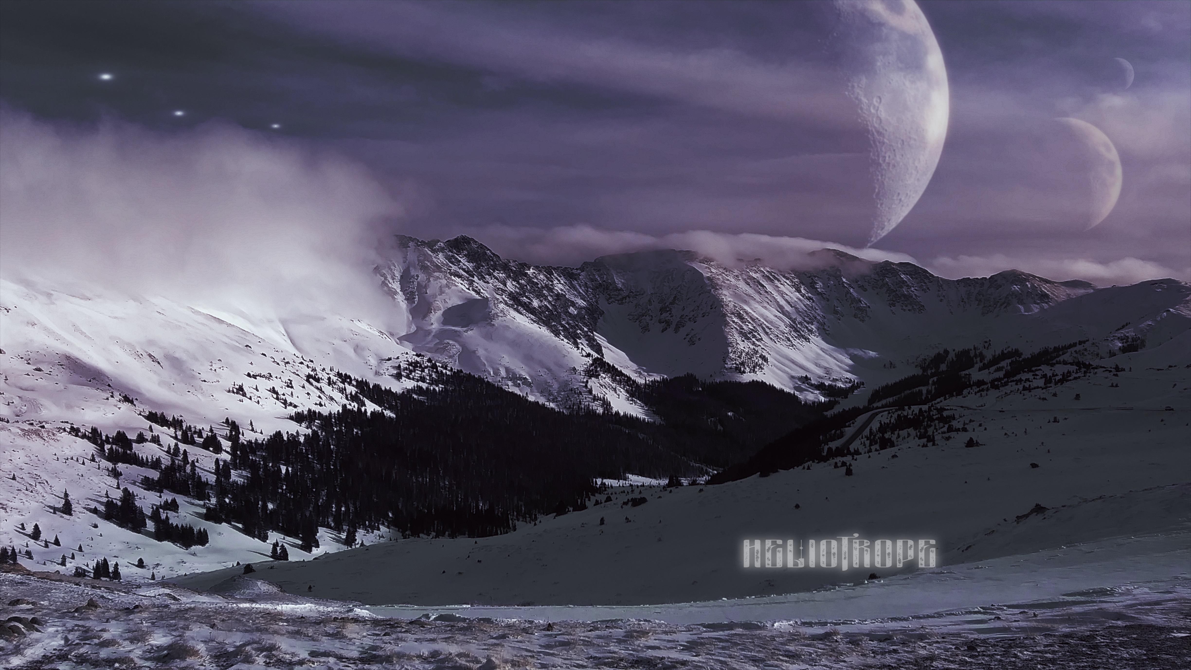 Snow Snow Covered Mountains Snowy Peak Mountain View Planet UFO Aliens Purple Background Flying Moon 4896x2754