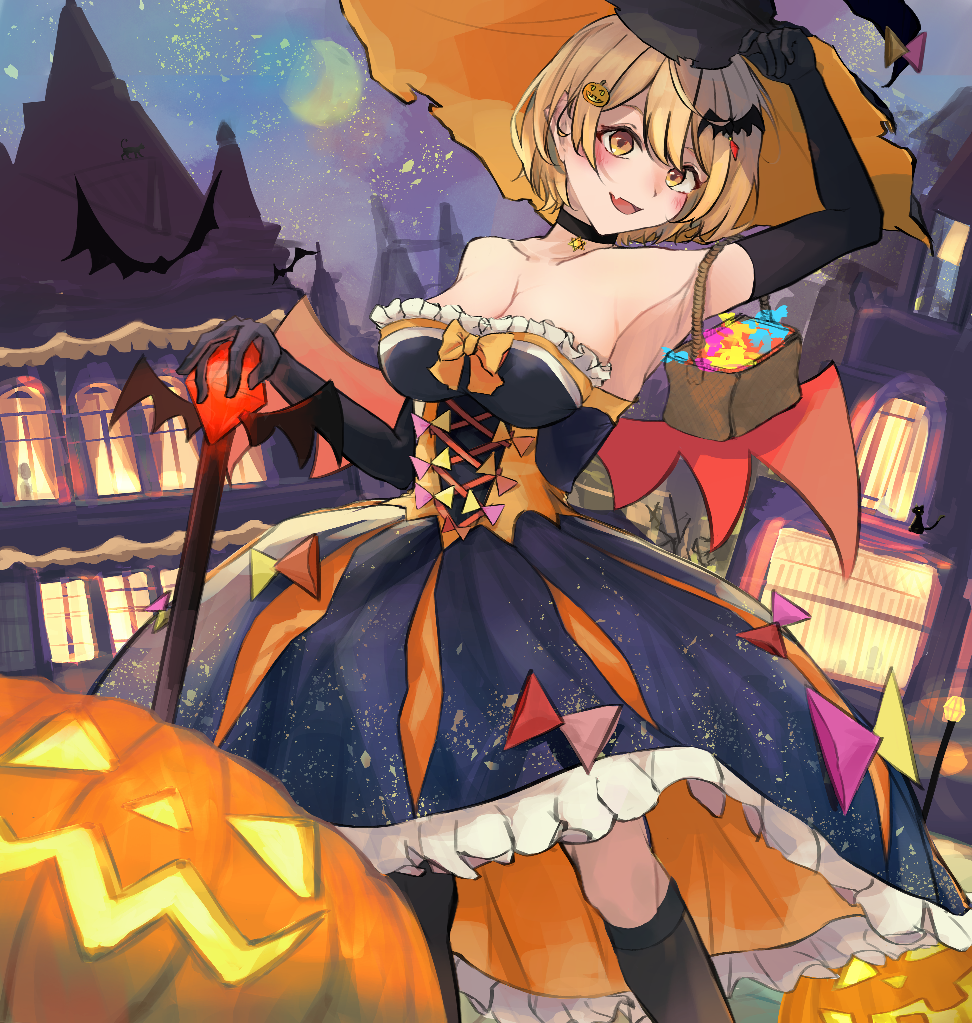 Hololive Yozora Mel Halloween Pumpkin Anime Girls Witch Hat Blonde Yellow Eyes Bats 3735x3932
