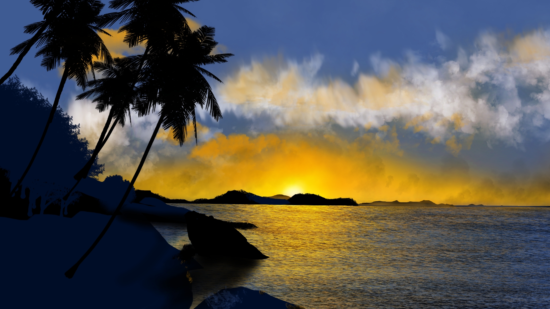 Digital Painting Digital Art Nature Ocean View Palm Trees Sunset Clouds Water Trees 1920x1080