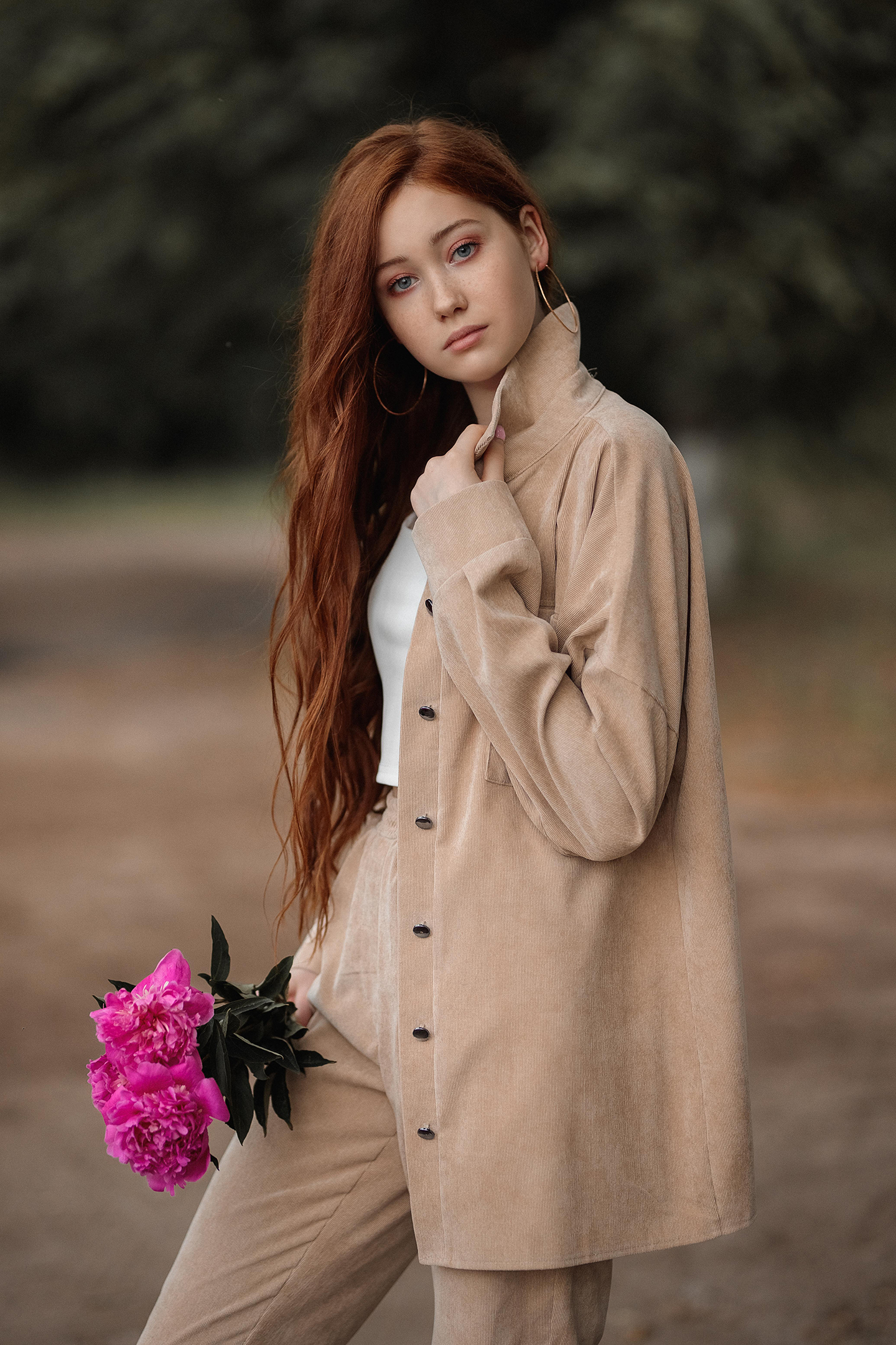 Vladimir Vasilev Women Redhead Long Hair Brown Clothing Flowers Makeup Pink Depth Of Field Gray Eyes 1440x2160