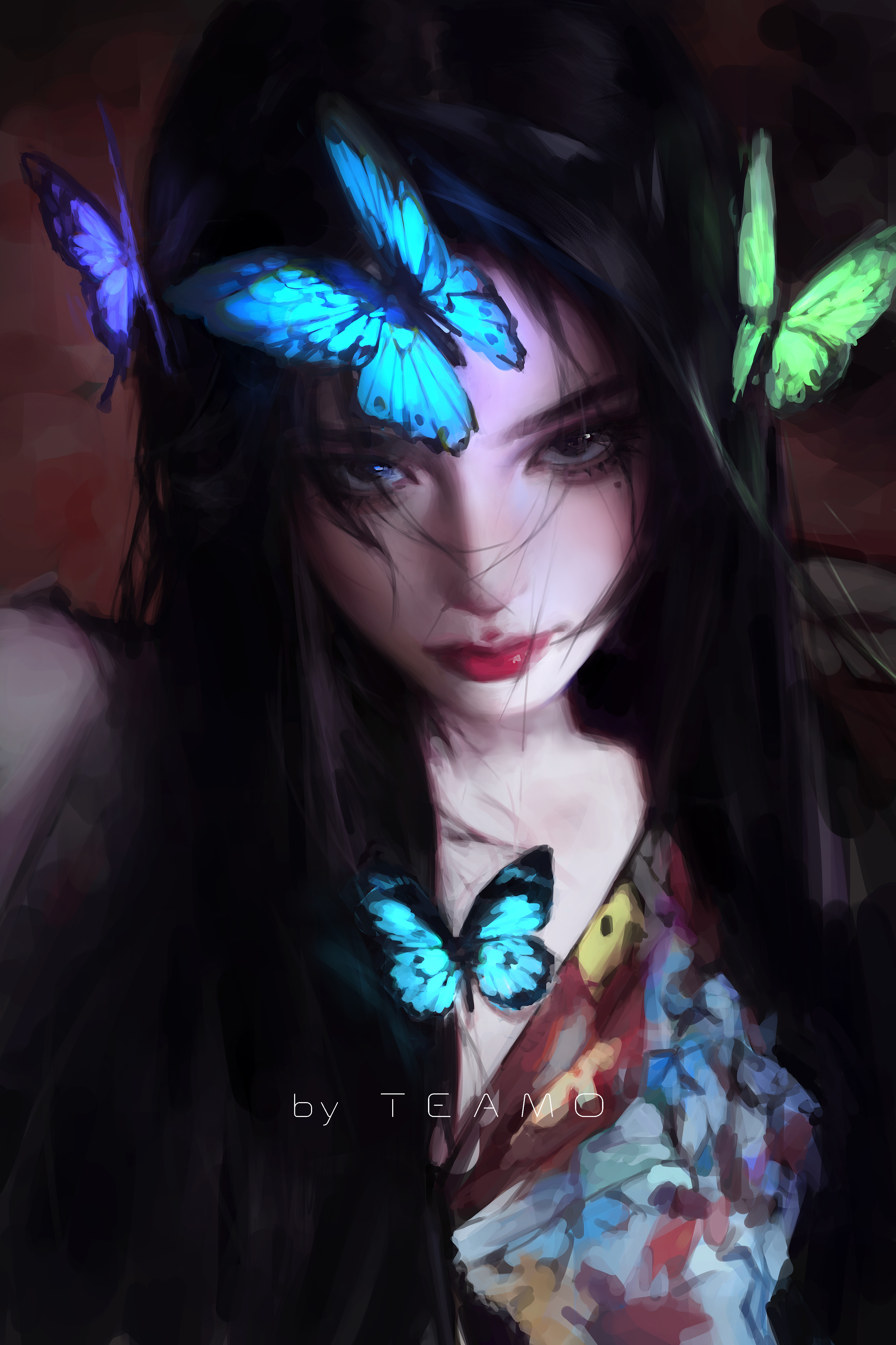 TEAMO Artist Artwork Illustration Women Butterfly Long Hair Dark Hair Signature Insect Looking At Vi 3500x5250