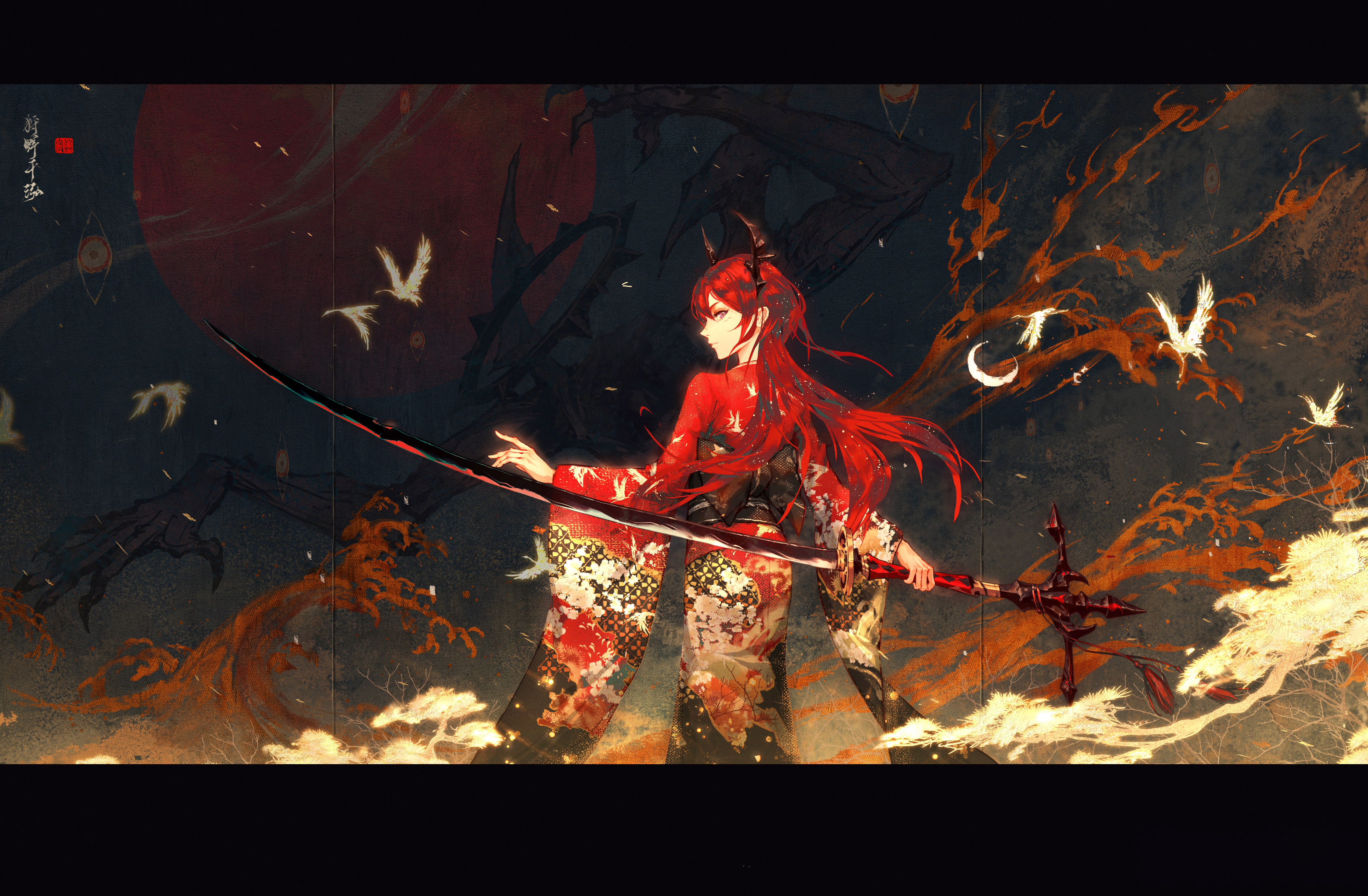 Surtr Arknights Arknights Anime Girls Redhead Horns Sword Weapon Katana Birds Feathers 5000x3275