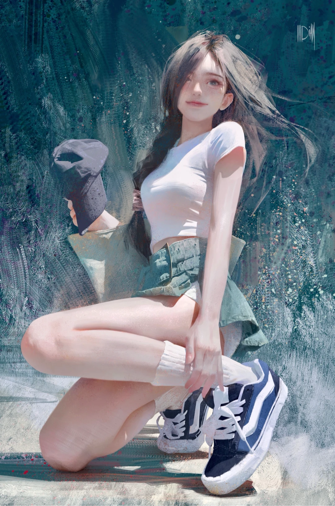 ILLDiAN Digital Art Artwork Illustration Women Baseball Cap Skirt Dark Hair Long Hair Smiling Waterm 1080x1627
