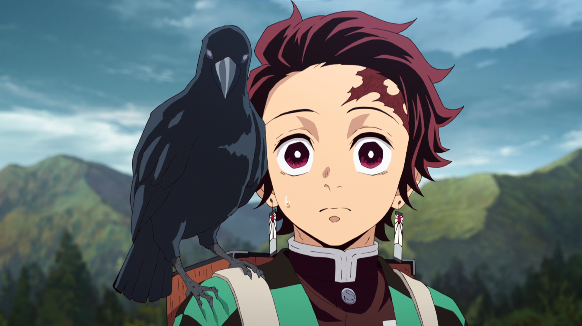Kimetsu No Yaiba Kamado Tanjiro Trees Anime Anime Screenshot Anime Boys Crow Earring Looking At View 1920x1076