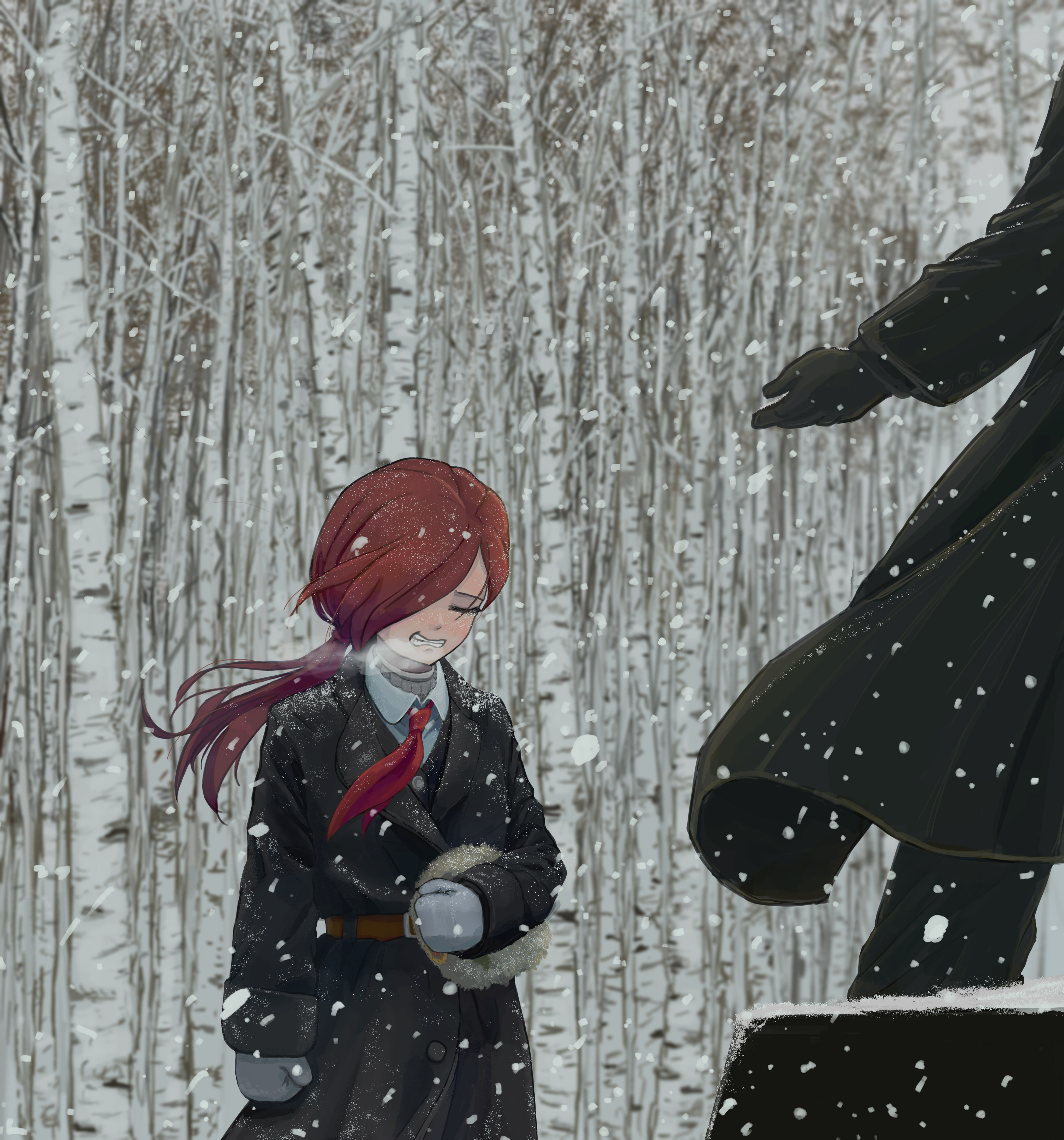 Anime Girls Communism Snow Trees Closed Eyes Redhead Tie Hair Over One Eye 3494x3742