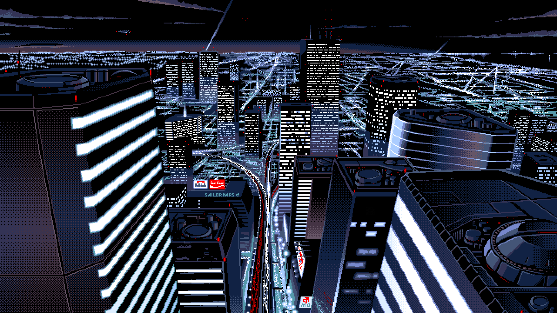 PC 98 Pixel Art Dark Background Cityscape Pixels Kankin Digital Art Artwork 1920x1080