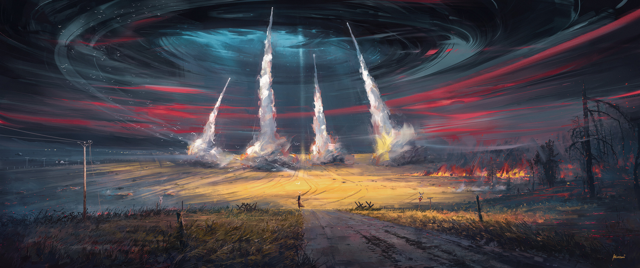 Aenami Digital Art Artwork Illustration Landscape Nature Field Missiles Launching Smoke 2560x1072