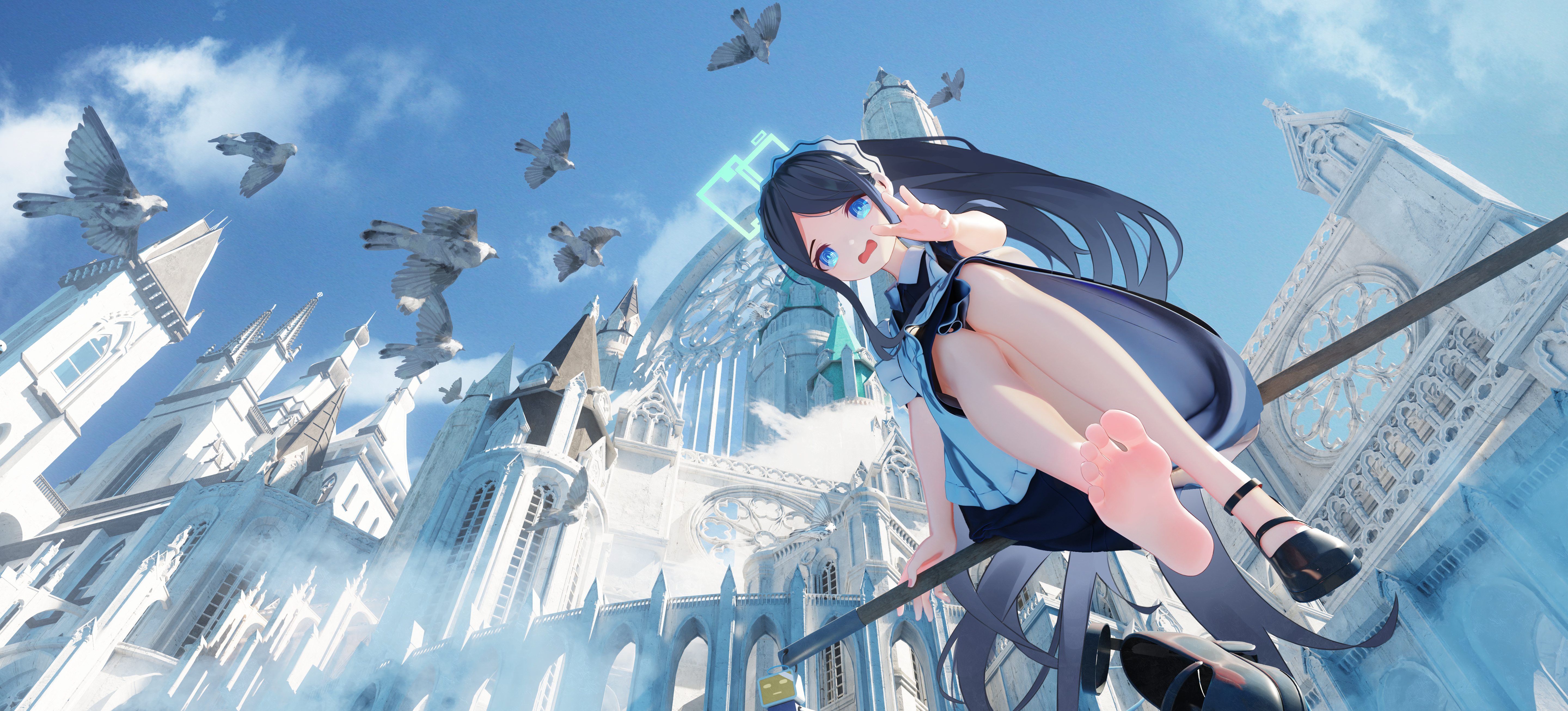 Anime Girls Maid Blue Archive Tendou Alice Blue Archive Blue Eyes Birds Sky Clouds Feet Foot Sole Lo 5760x2610