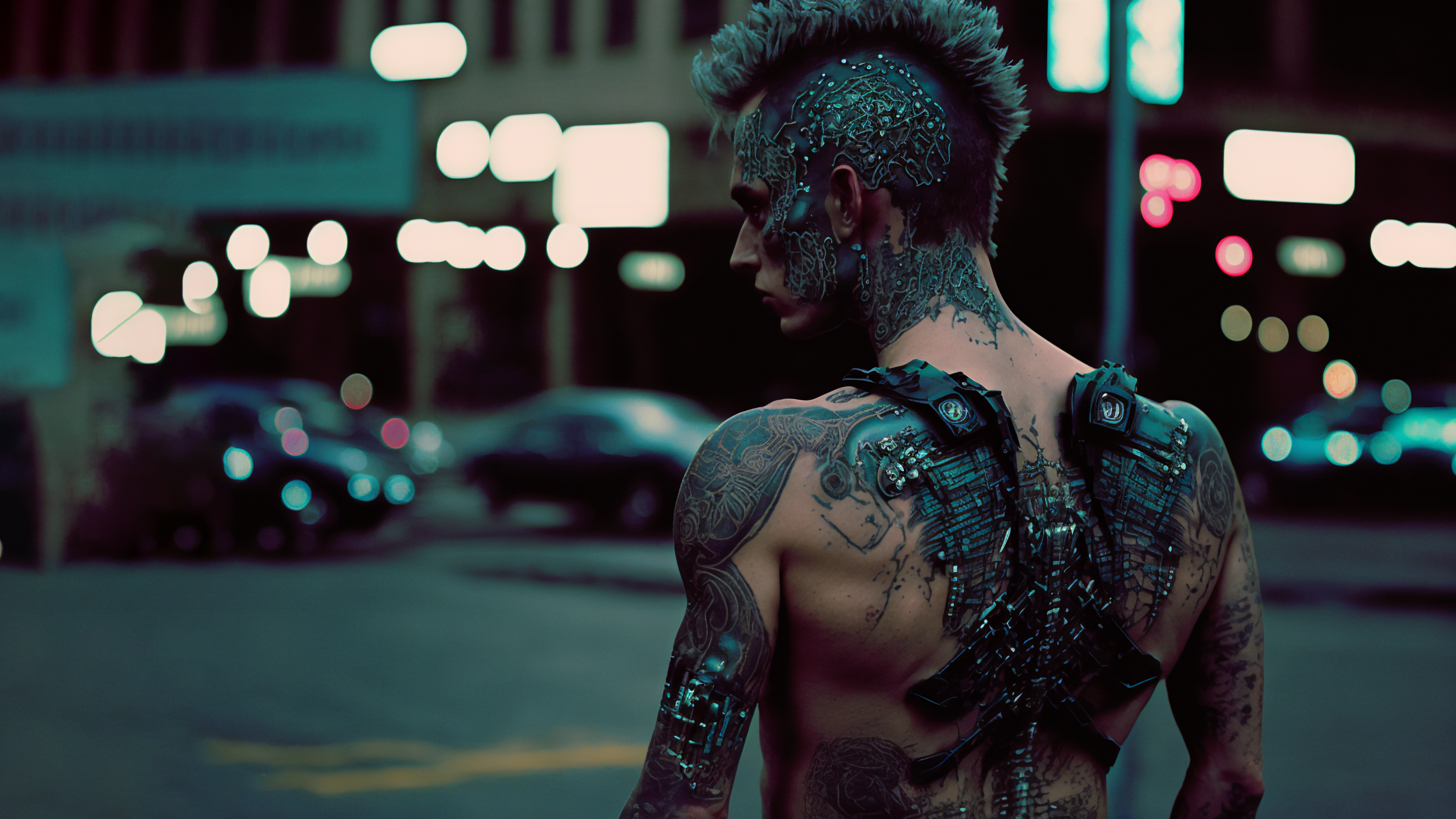 Cyberpunk Street Cyborg Tattoo Futuristic Mohawk 3641x2048