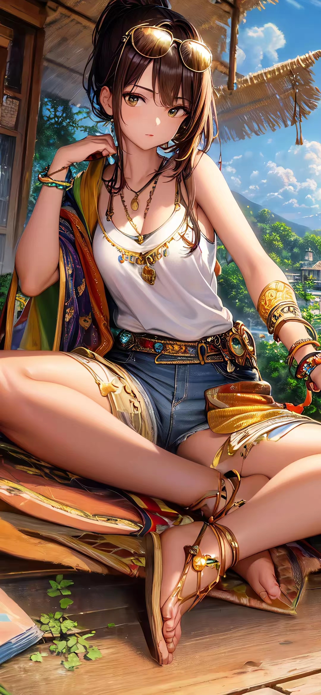 Ai Art Women Anime Girls Vertical Sunglasses Shorts Legs Crossed Jewelry Necklace Feet 1080x2340