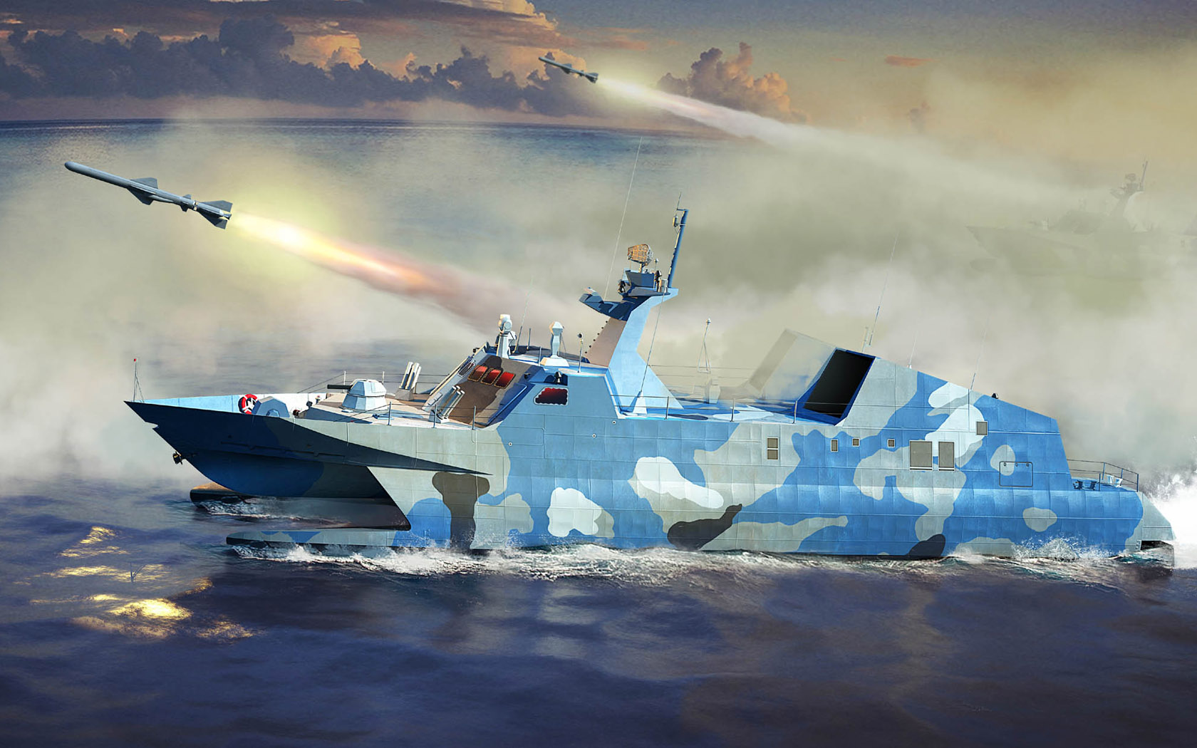 Warship Rocket Flying Sea Army Military 1680x1050