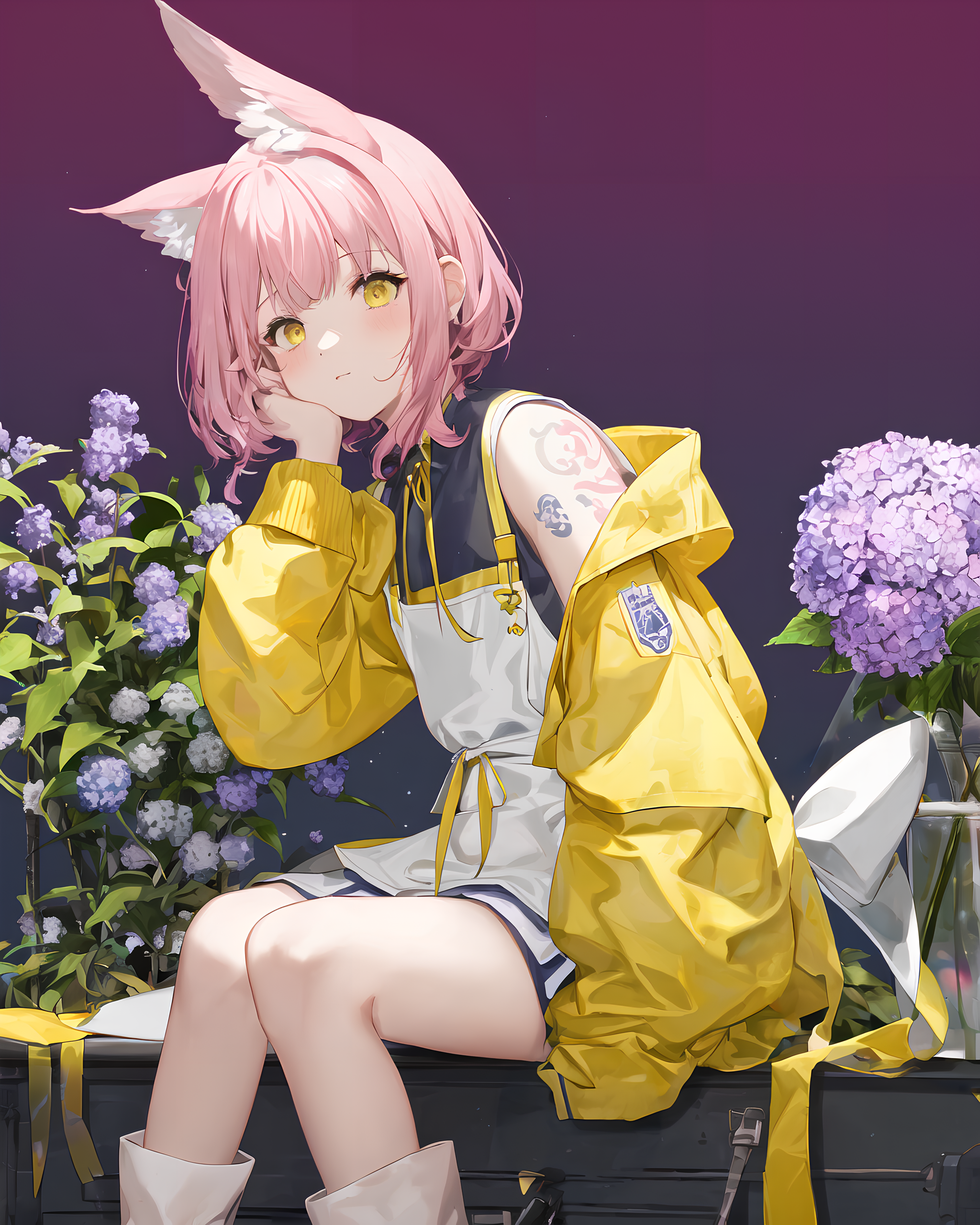 Anime Girls Pink Hair Short Hair Yellow Jacket Flowers Fox Ears Yellow Eyes Fox Girl 2048x2560