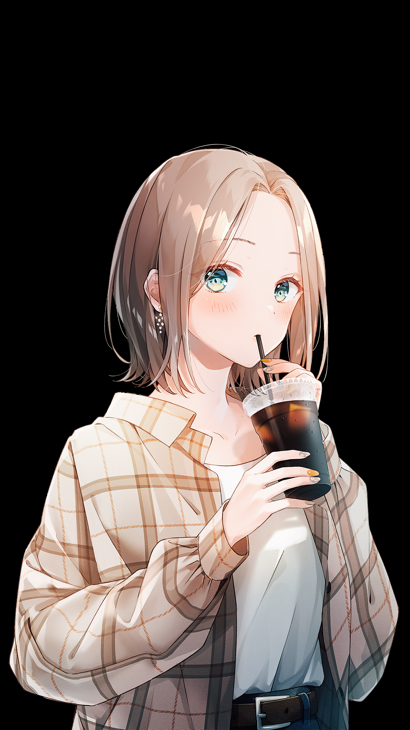 Anime Anime Girls Brunette Blue Eyes Short Hair Blush Drink Vertical Black Background Simple Backgro 1440x2560