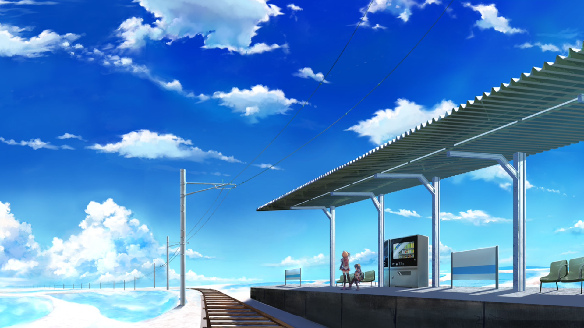Camus In The Blue Sky Sky Galgame Clouds Anime Girls Sitting Bench Standing Backpacks Railway Vendin 1917x1077