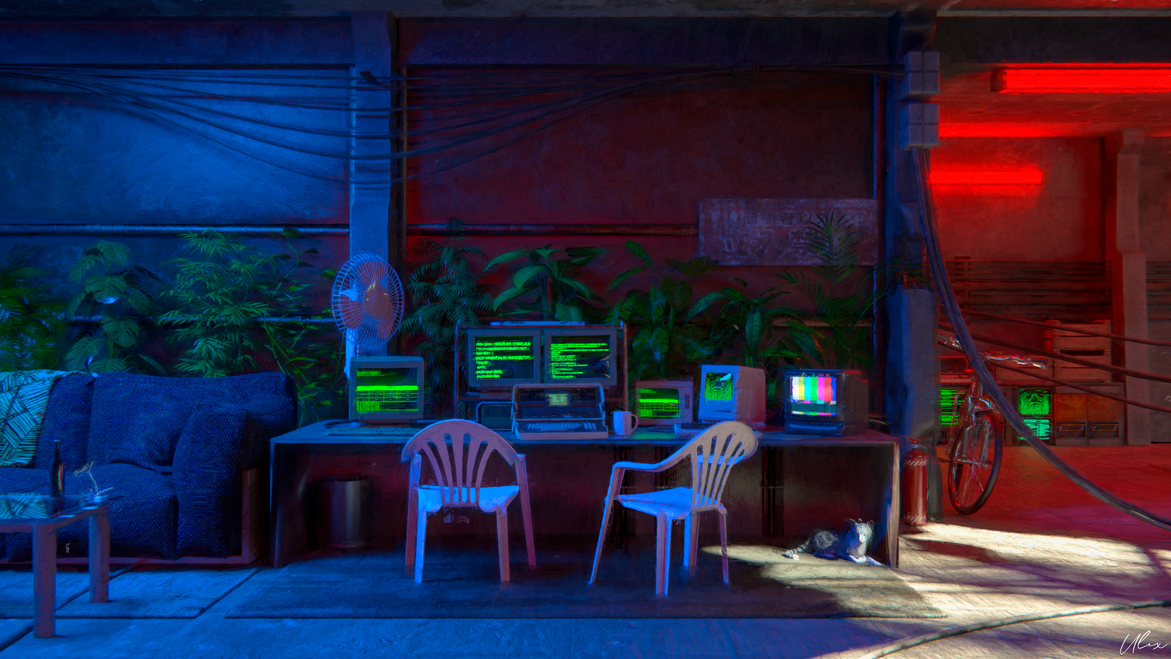 3D CGi Digital Art Blender Shaders Oil Painting Hacking 1980s Hong Kong Plants Neon Lights Basement  3840x2160