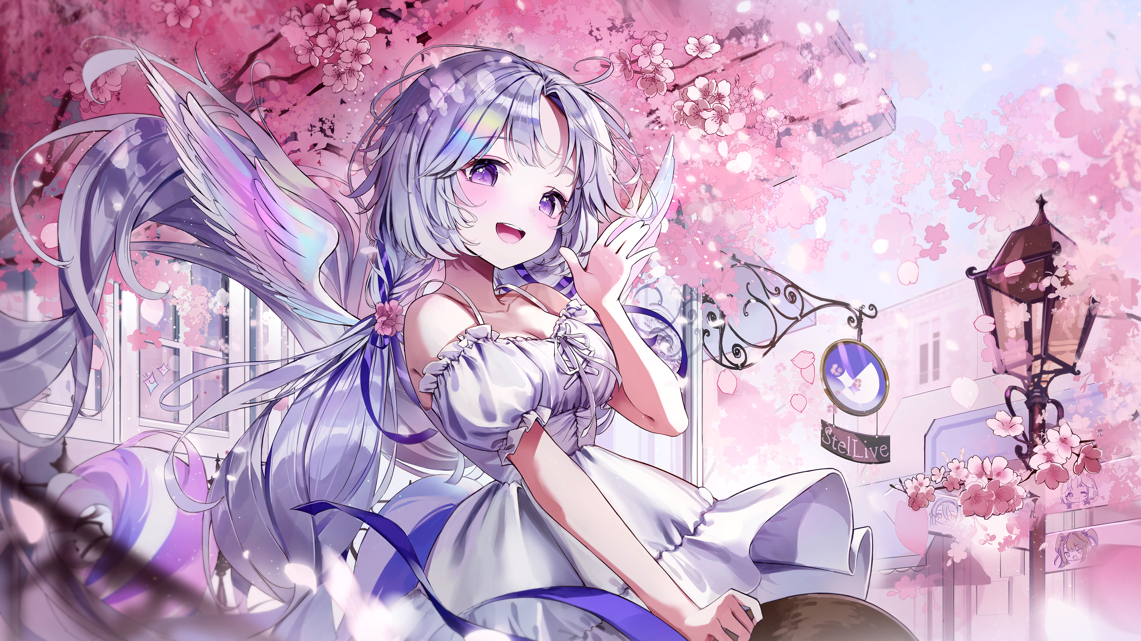 Anime Anime Girls Long Hair Wings Petals Flowers Looking At Viewer Blushing Dress Star Eyes 4000x2250