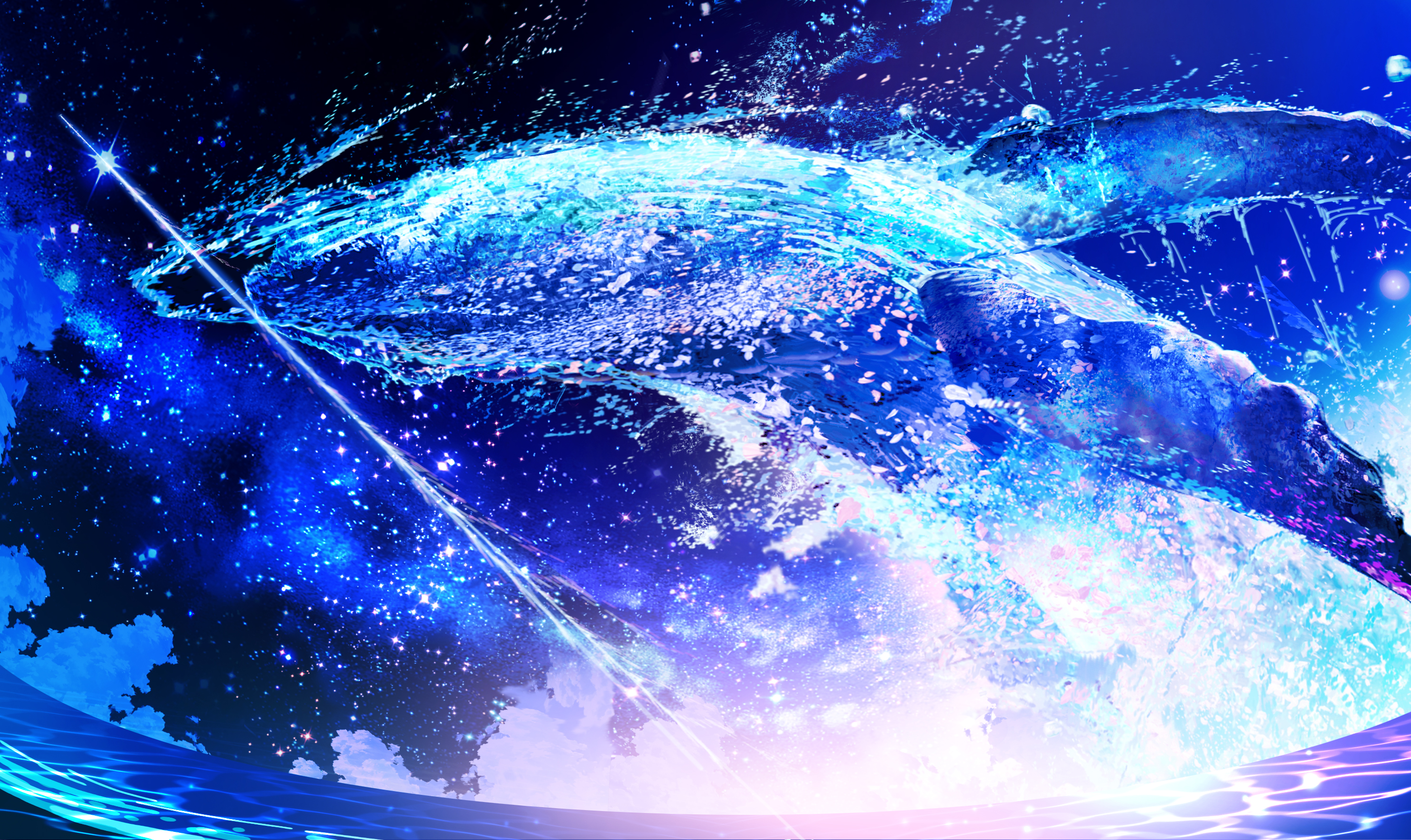 Anime Artwork Animals Whale Stars Clouds Wide Screen Water Makoron117 Sky Flying Whales Horizon 2968x1768