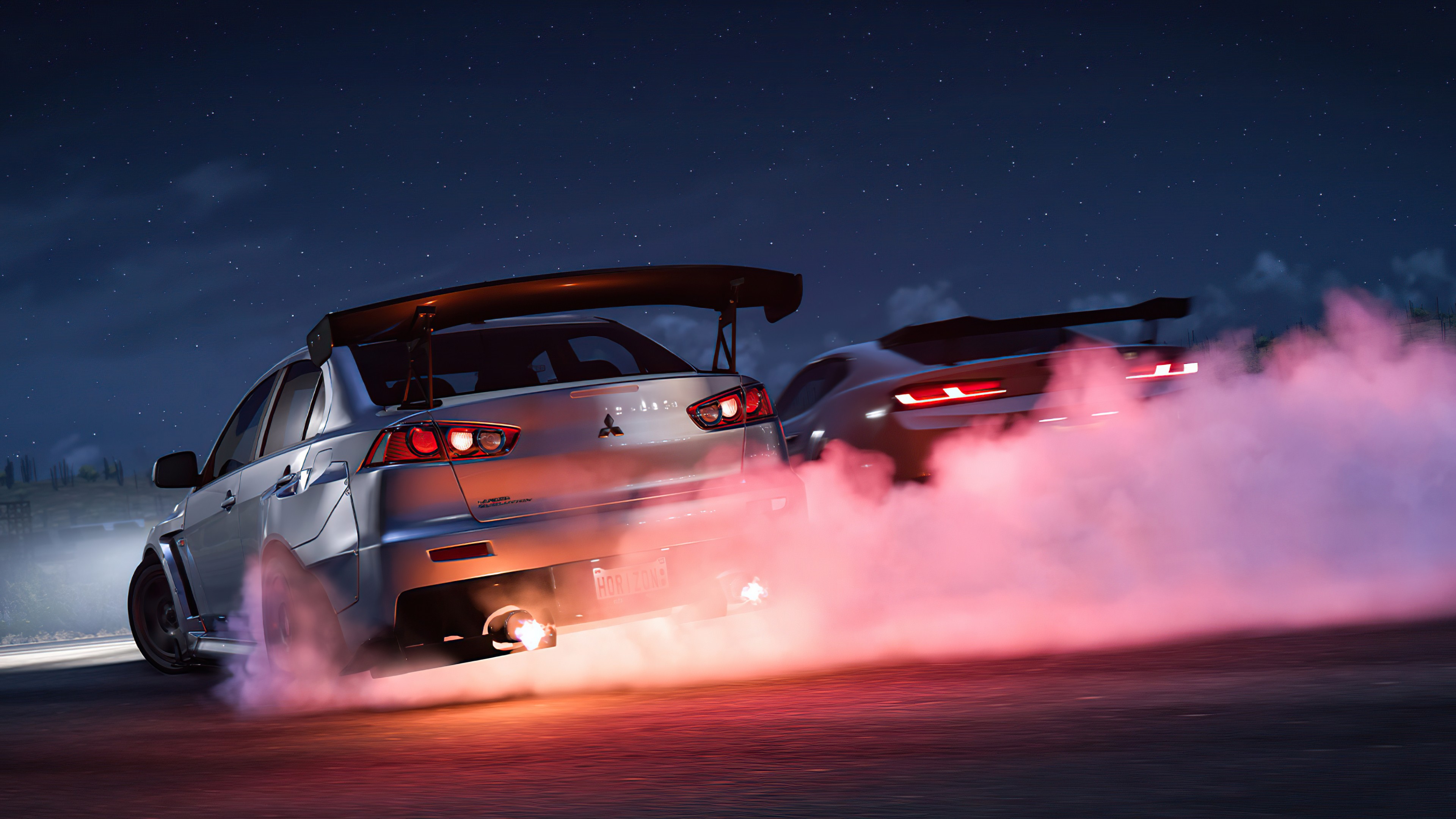 Forza Horizon 5 Screen Shot Mitsubishi Lancer EVO Corvette C8 Burnout Racing Car Video Games 3840x2160