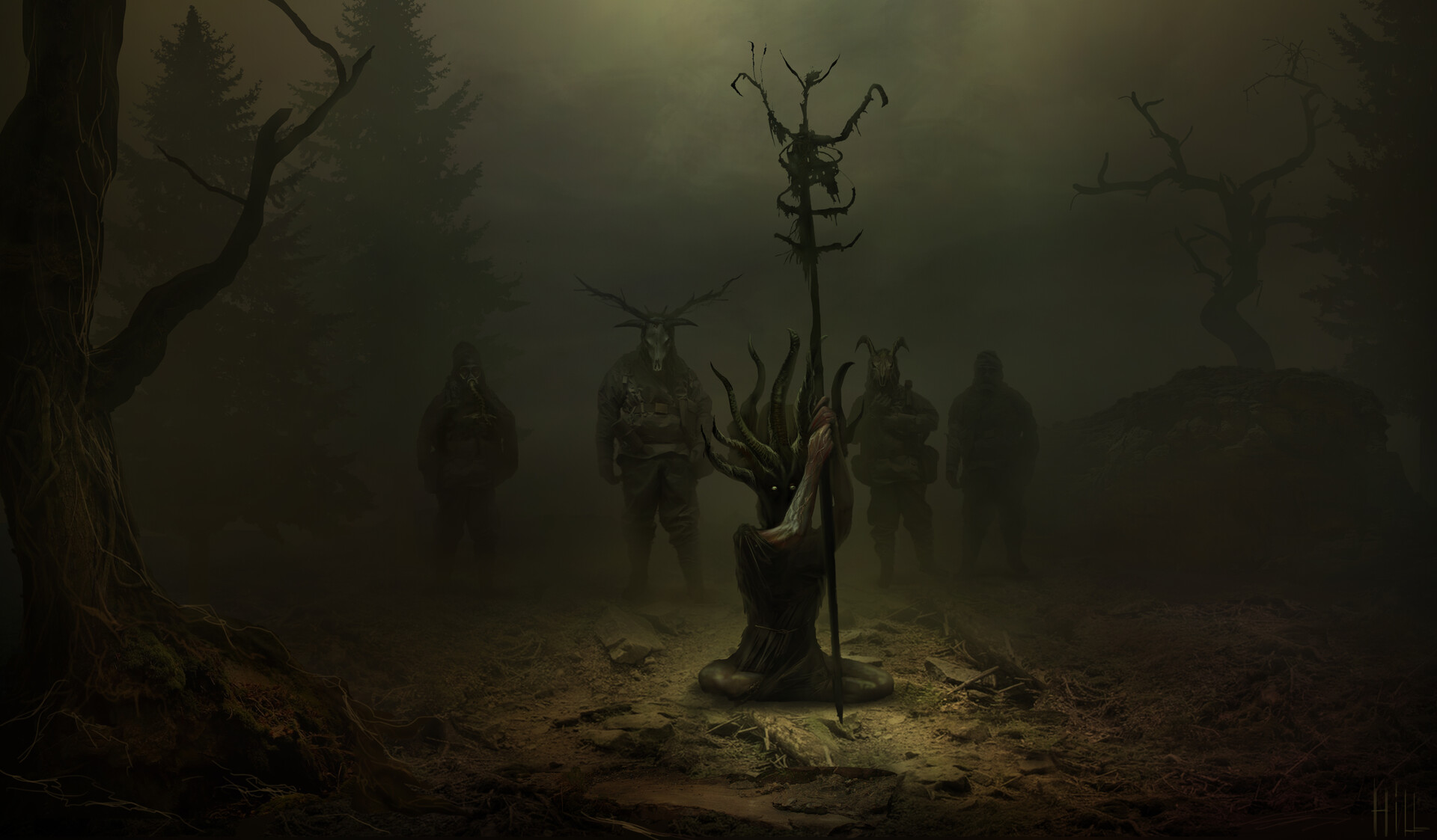 Digital Horror Witch Mist Skull Forest Trees Mask Gas Masks 1920x1123