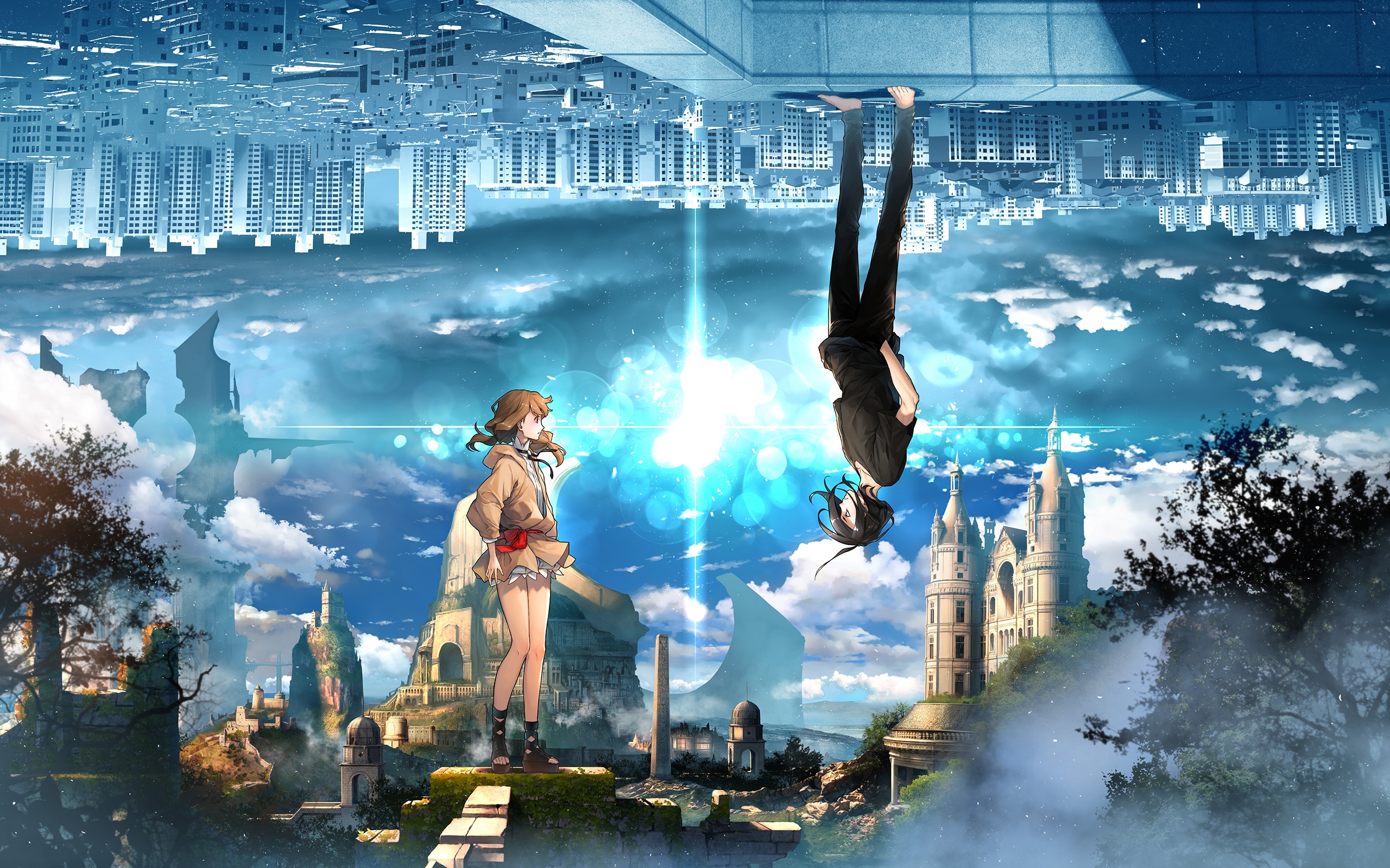 Her Summon Web Comic Anime Boys Anime Girls City Cityscape Upside Down Standing Castle Clouds Sky 2560x1600