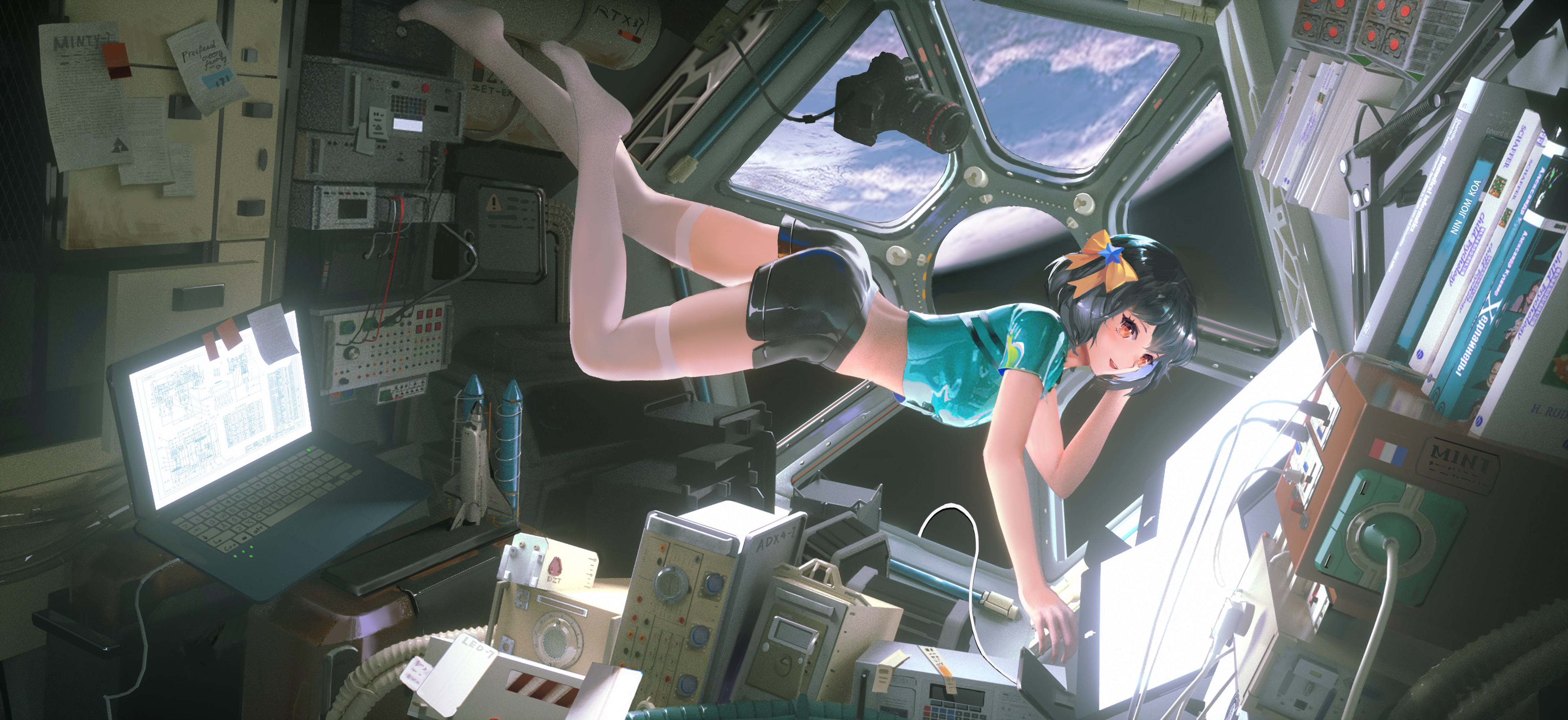 Minty0 Anime Girls Spaceship Space Earth Space Station 4352x2000