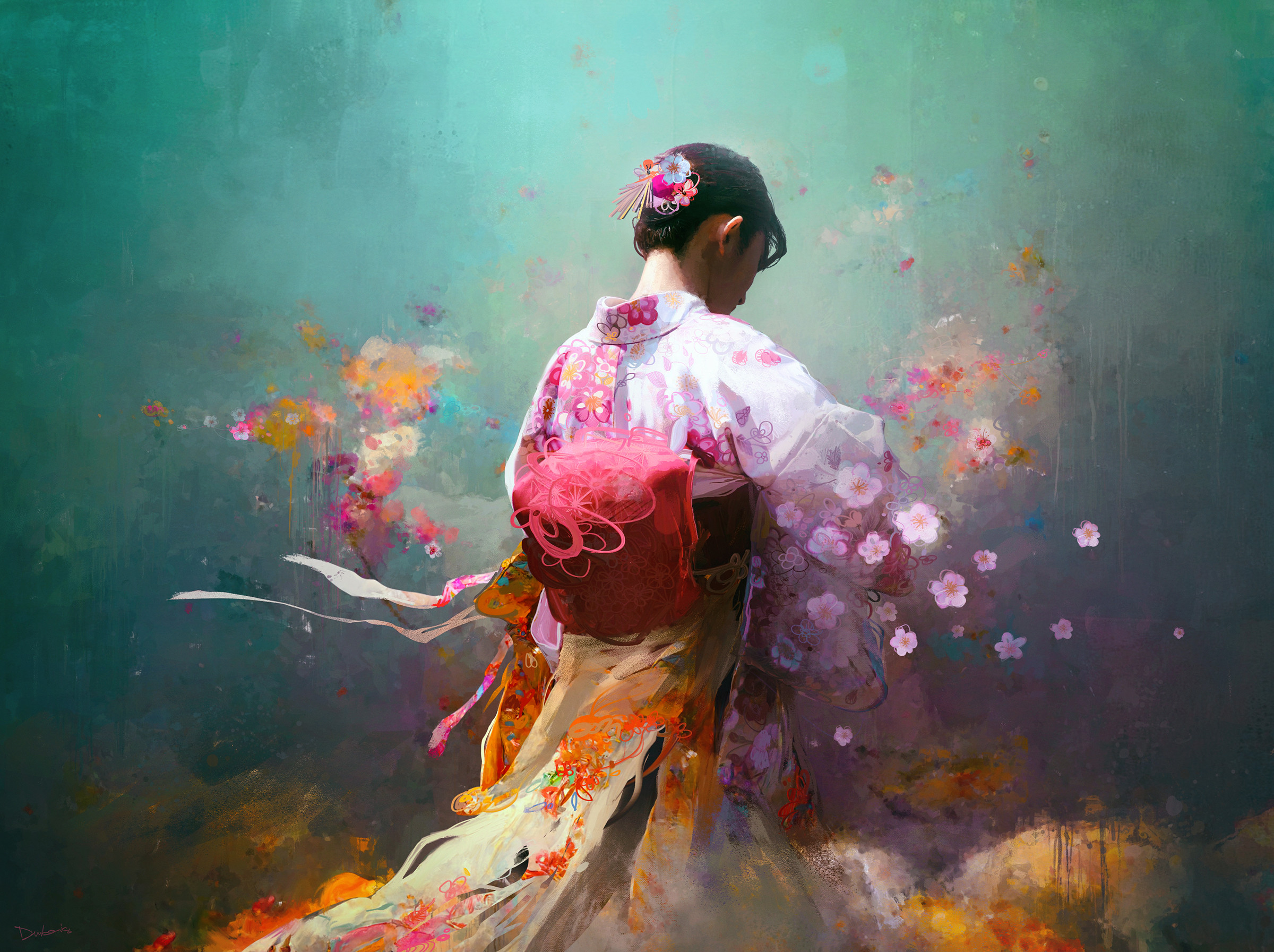 Thomas Dubois Digital Art Artwork Digital Painting Flowers Kimono 2400x1793