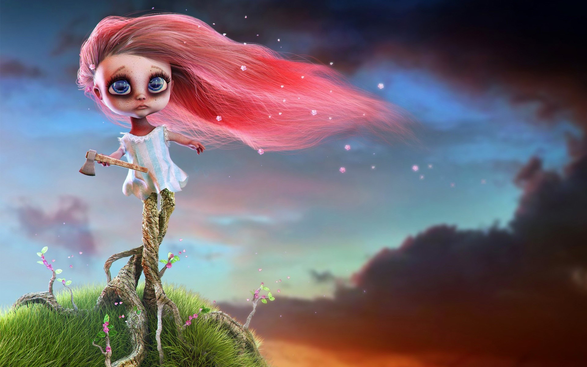 Doll Fantasy Girl Hair Blowing In The Wind Sky Clouds Grass Long Hair Pink Hair Blue Eyes Axes 1920x1200