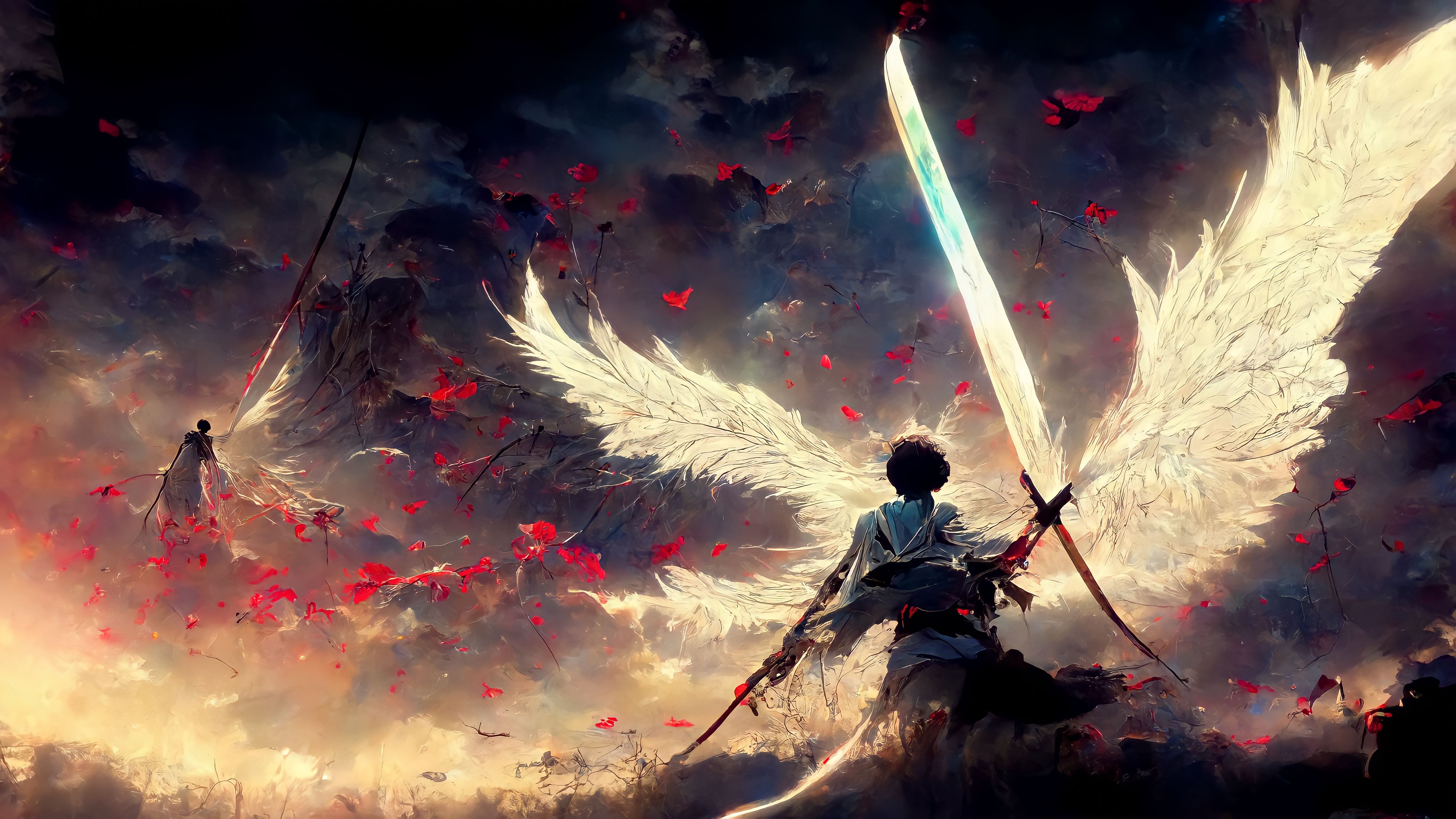 IA Art Anime Digital Art Oleo Art Cinematic Samurai Angel Epic Scene Sword Swordman 4096x2304