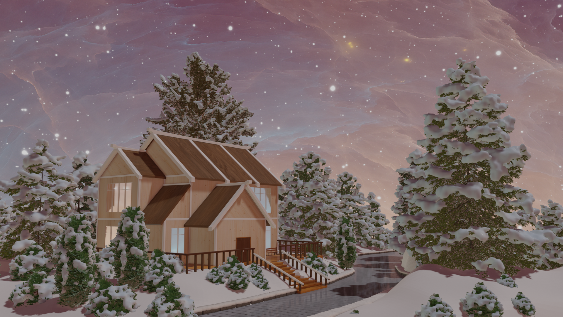Blender Building Snow Snowing House Trees 1920x1080